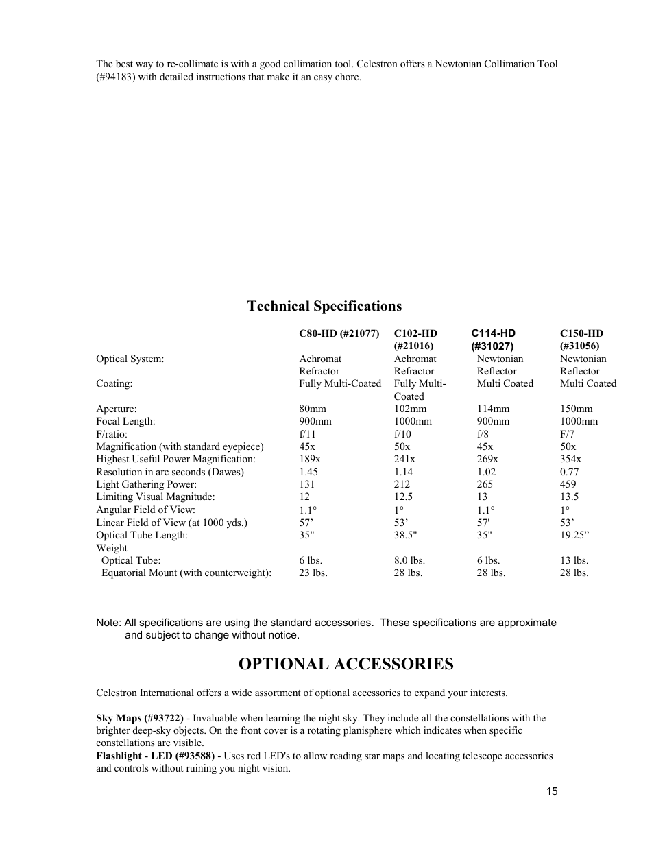 Optional accessories, Technical specifications | Celestron 31027 User Manual | Page 15 / 17