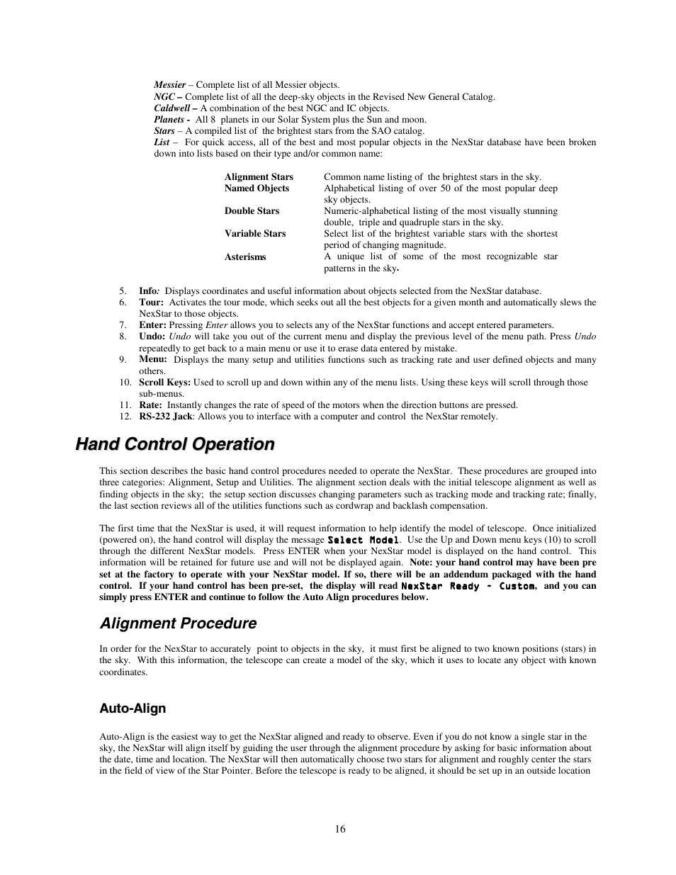 Alignment stars, Hand control operation, Alignment procedure | Auto-align, Ontrol, Peration | Celestron NexStar HC User Manual | Page 16 / 53