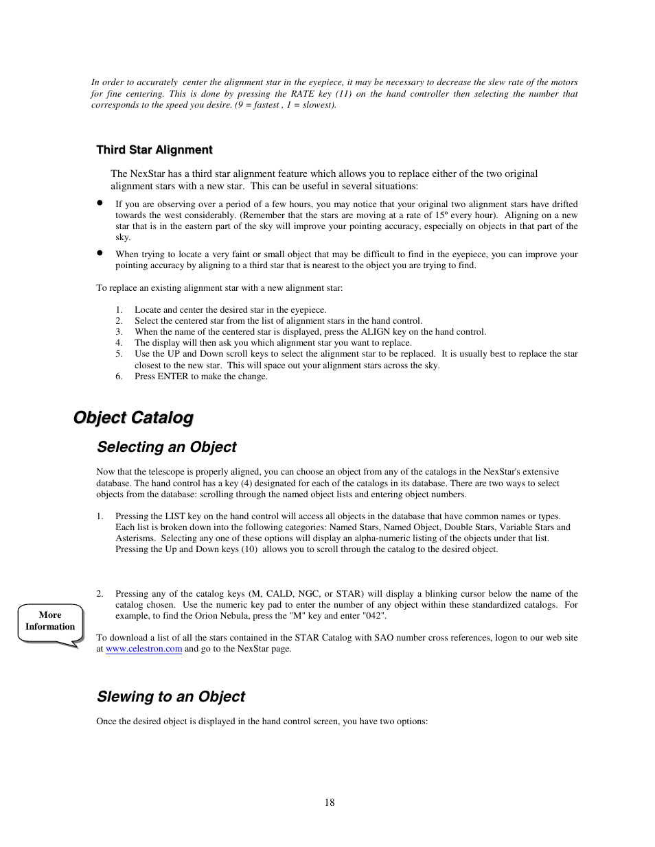 Third star alignment, Object catalog, Selecting an object | Slewing to an object, Bject, Atalog | Celestron NexStar HC User Manual | Page 18 / 53