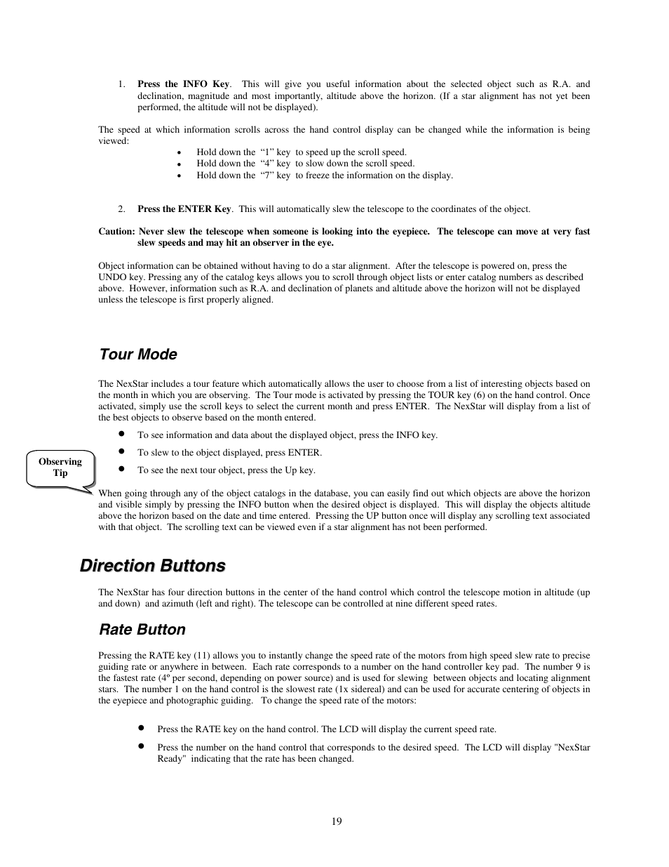 Tour mode, Direction buttons, Rate button | Irection, Uttons | Celestron NexStar HC User Manual | Page 19 / 53