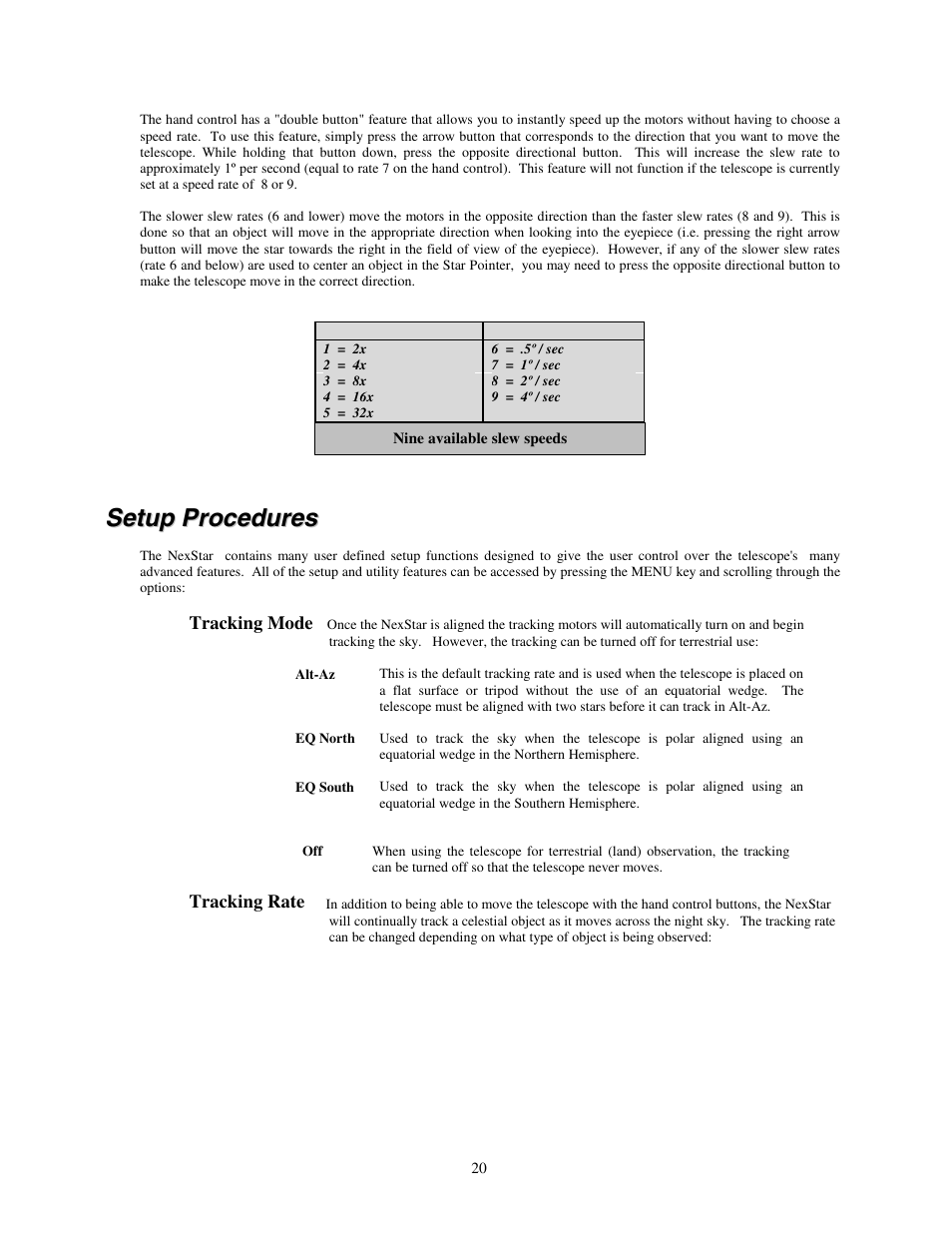 Setup procedures, Etup, Rocedures | Tracking mode, Tracking rate | Celestron NexStar HC User Manual | Page 20 / 53