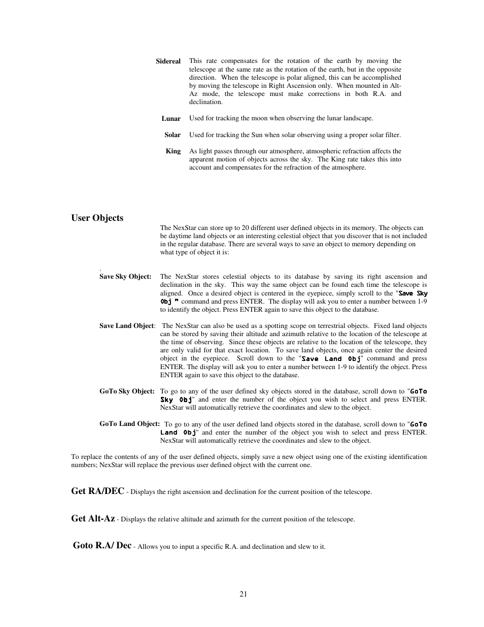 Date/time, User defined objects, Get ra/dec | Get alt-az, Goto r.a/dec, User objects, Goto r.a/ dec | Celestron NexStar HC User Manual | Page 21 / 53