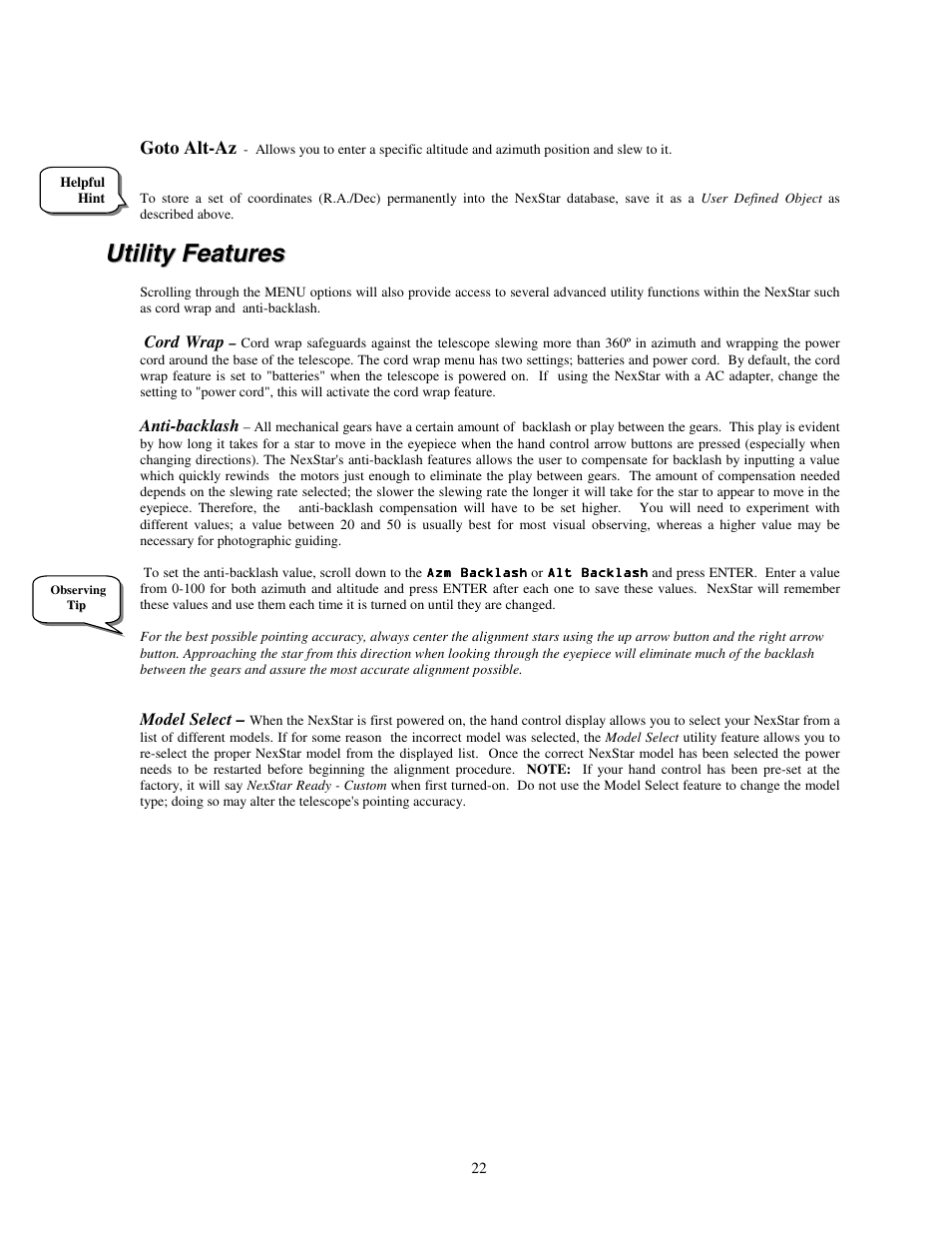 Utility features, Goto alt-az, Tility | Eatures, Cord wrap, Anti-backlash, Model select | Celestron NexStar HC User Manual | Page 22 / 53