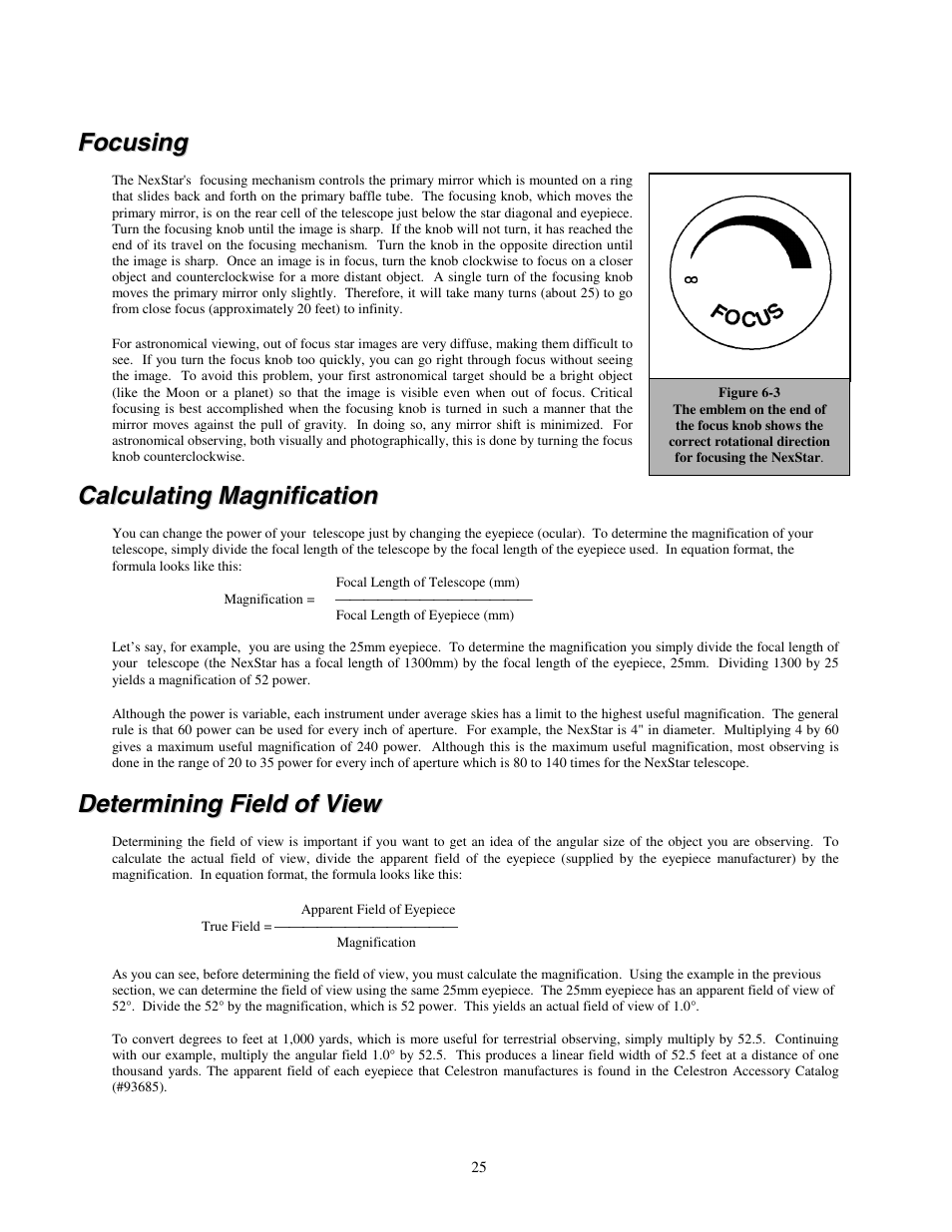 Focusing, Calculating magnification, Determining field of view | Ocusing, Alculating, Agnification, Etermining, Ield of | Celestron NexStar HC User Manual | Page 25 / 53