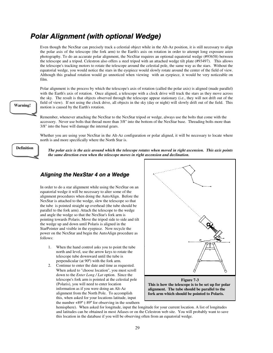 Polar alignment (with optional wedge), Aligning the nexstar 4 on a wedge, Olar | Lignment, With optional, Edge | Celestron NexStar HC User Manual | Page 29 / 53