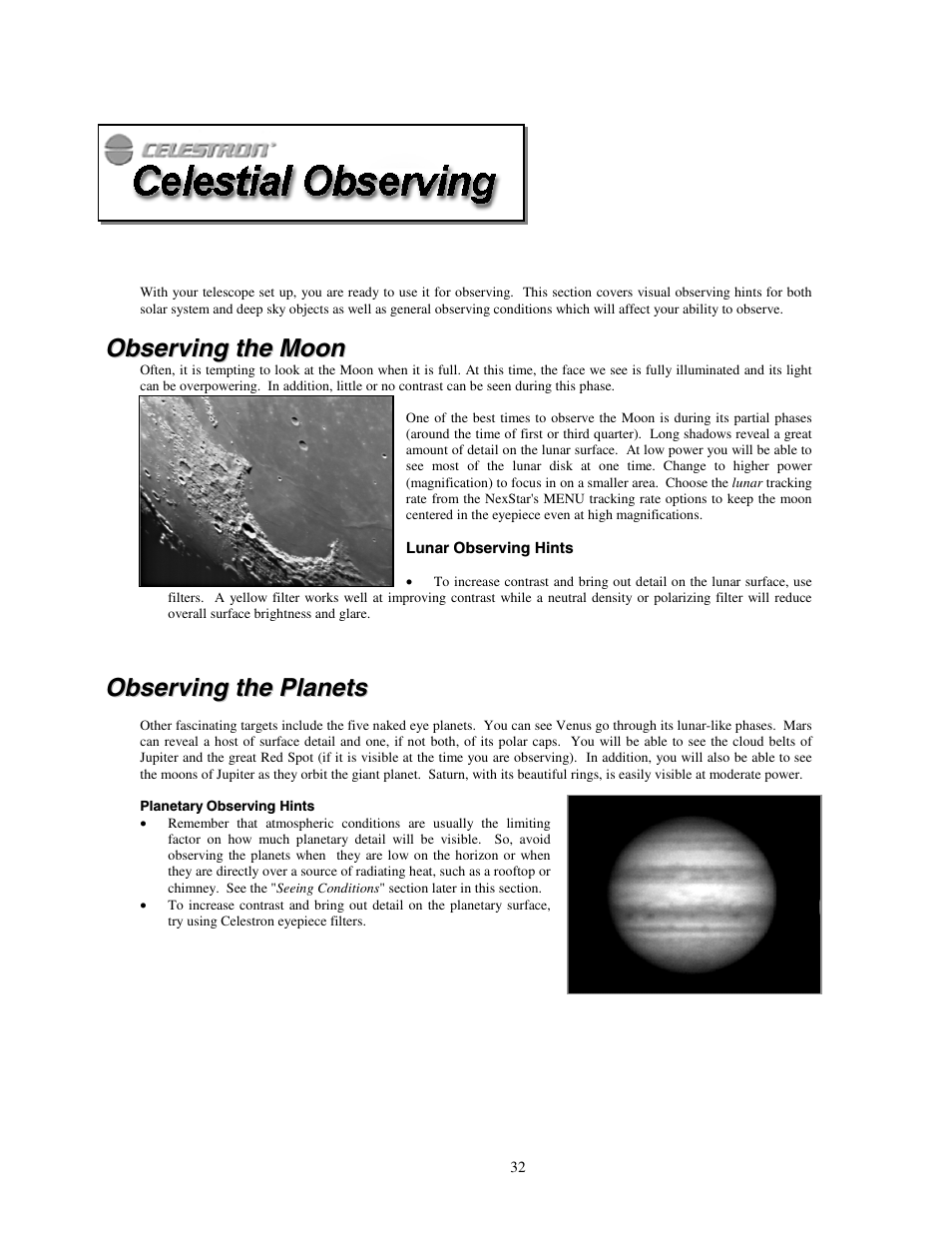 Observing the moon, Lunar observing hints, Observing the planets | Planetary observing hints, Celestial observing, Bserving the, Lanets | Celestron NexStar HC User Manual | Page 32 / 53