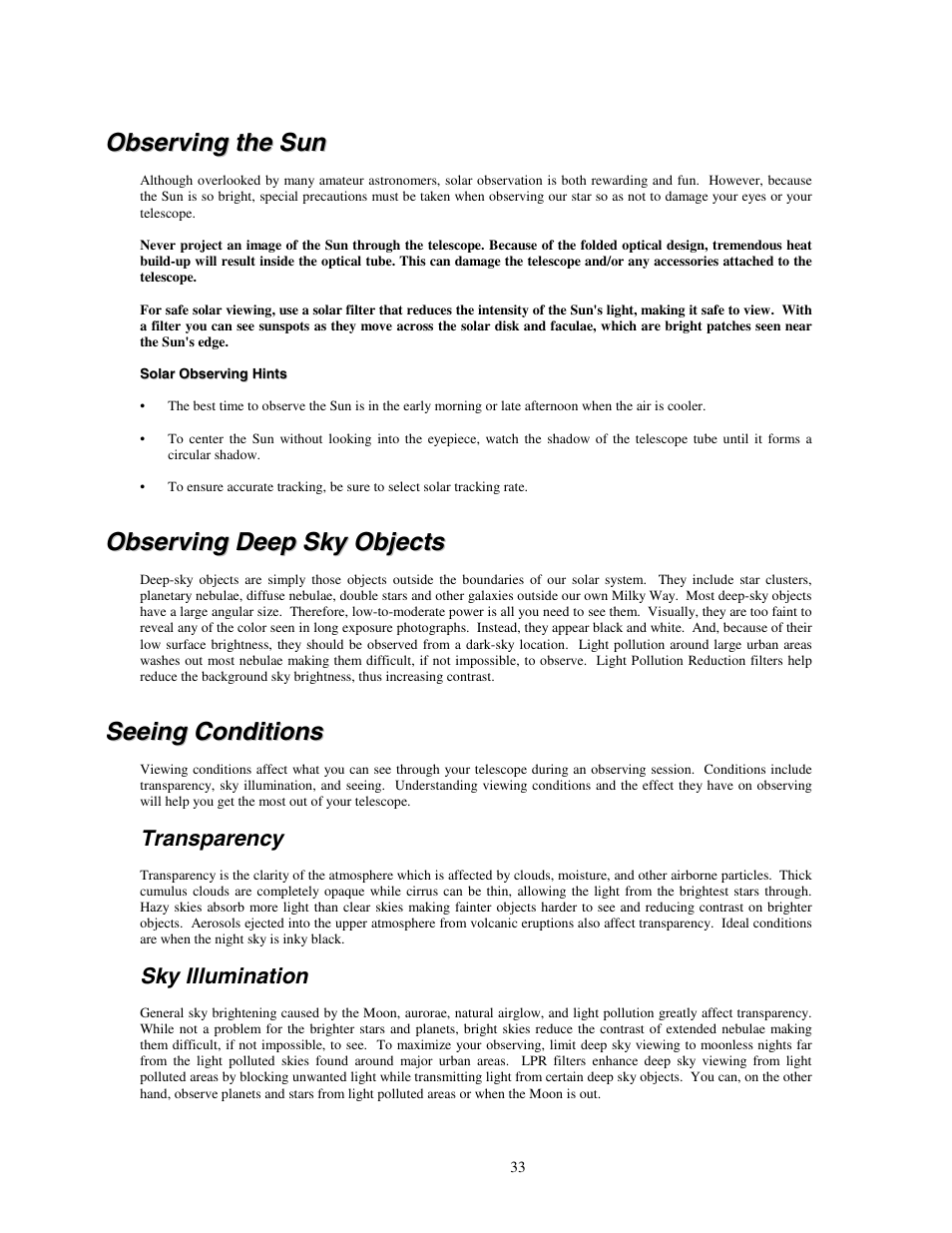 Observing the sun, Solar observing hints, Observing deep sky objects | Seeing conditions, Transparency, Sky illumination, Bserving the, Bserving, Bjects, Eeing | Celestron NexStar HC User Manual | Page 33 / 53