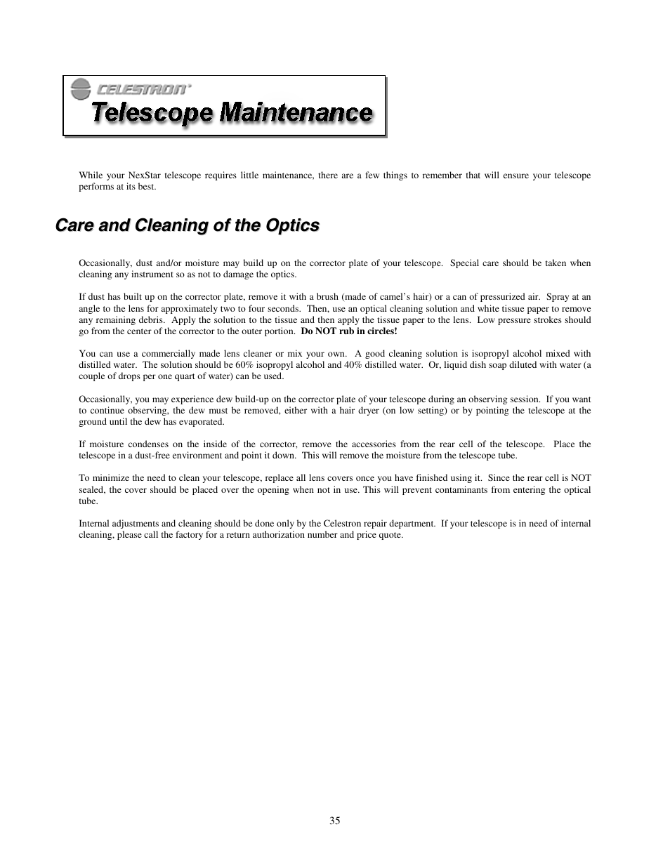 Care and cleaning of the optics, Telescope maintenance, Are and | Leaning of the, Ptics | Celestron NexStar HC User Manual | Page 35 / 53