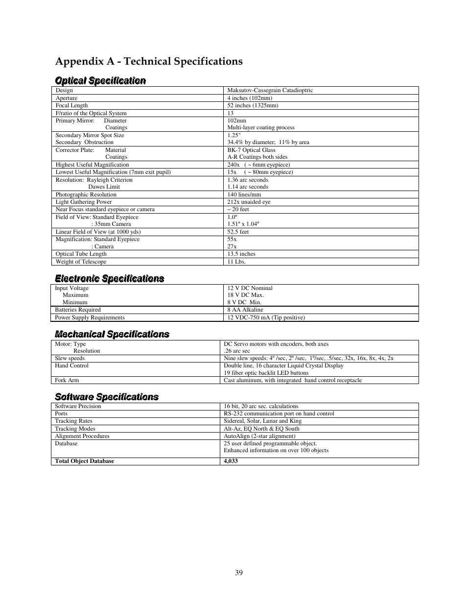 Appendix a - technical specifications | Celestron NexStar HC User Manual | Page 39 / 53
