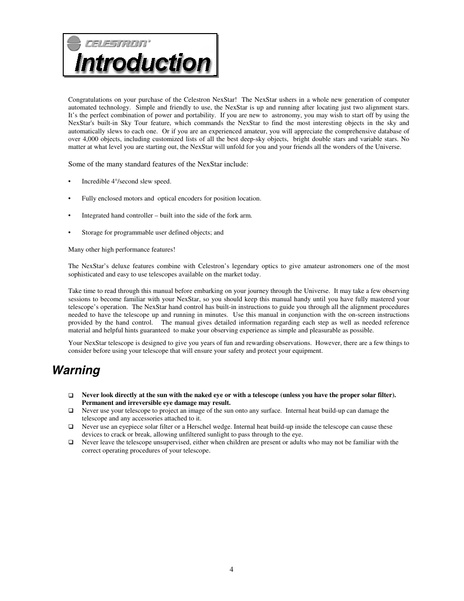 Warning, Introduction, Arning | Celestron NexStar HC User Manual | Page 4 / 53