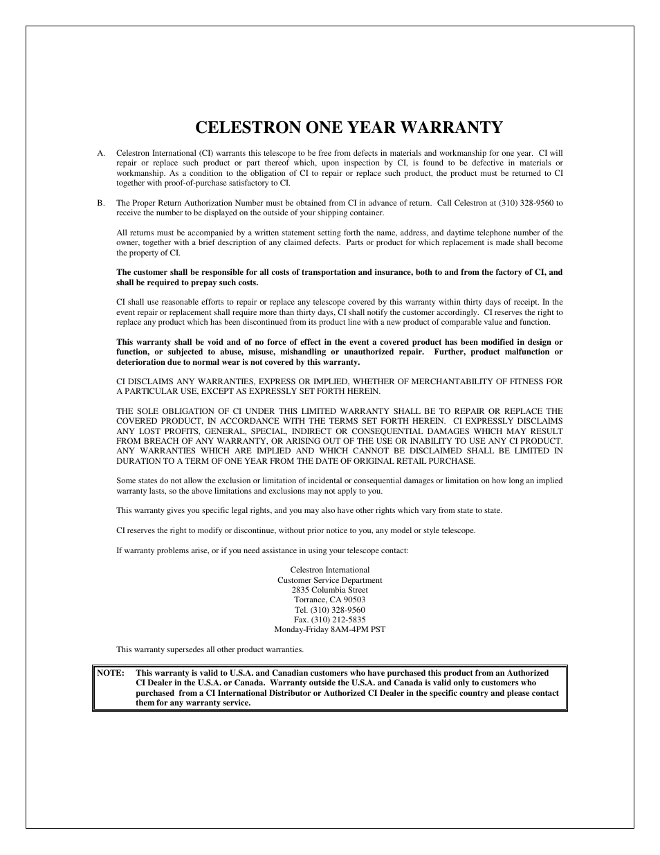 Celestron one year warranty | Celestron NexStar HC User Manual | Page 51 / 53