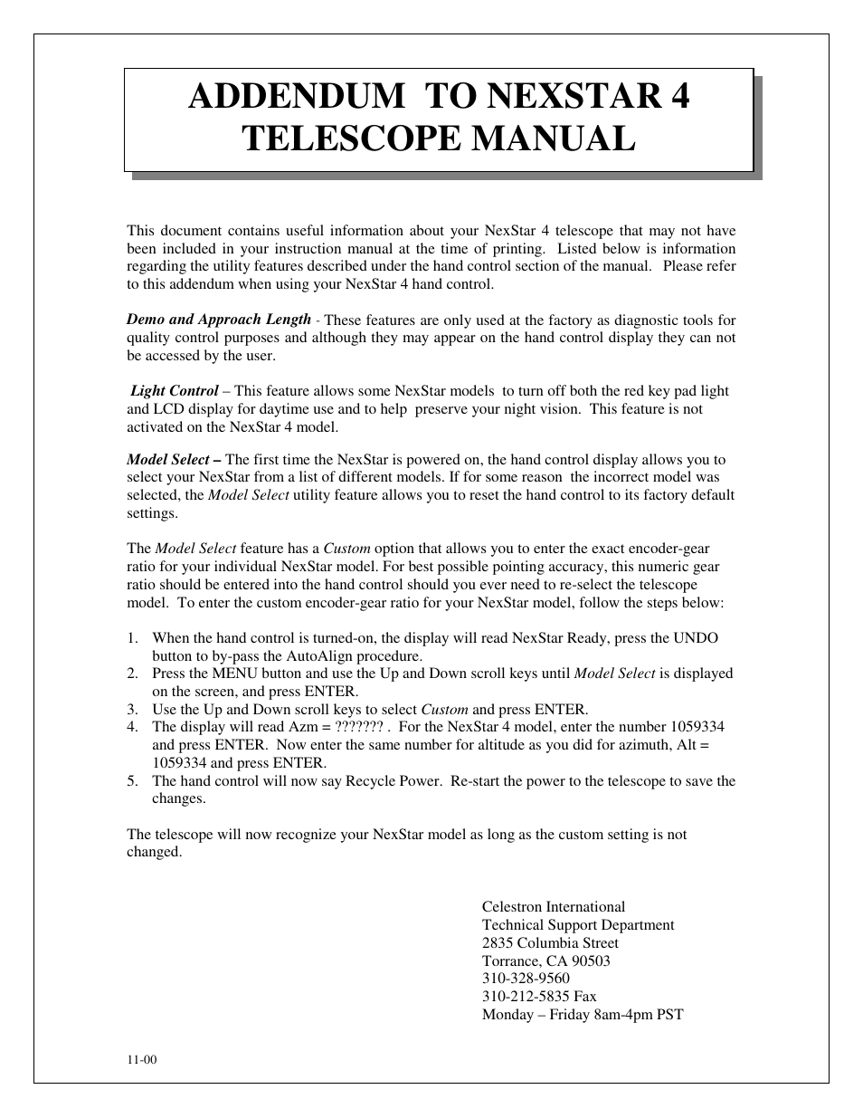 Addendum to manual, Addendum to nexstar 4 telescope manual | Celestron NexStar HC User Manual | Page 53 / 53
