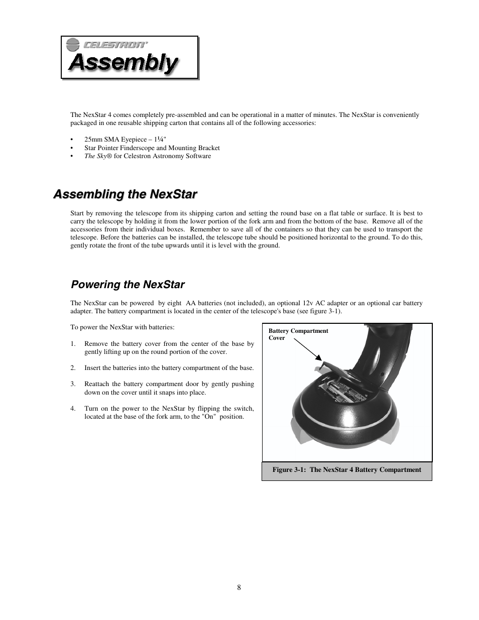 Assembling the nexstar, Powering the nexstar, Assembly | Ssembling the | Celestron NexStar HC User Manual | Page 8 / 53