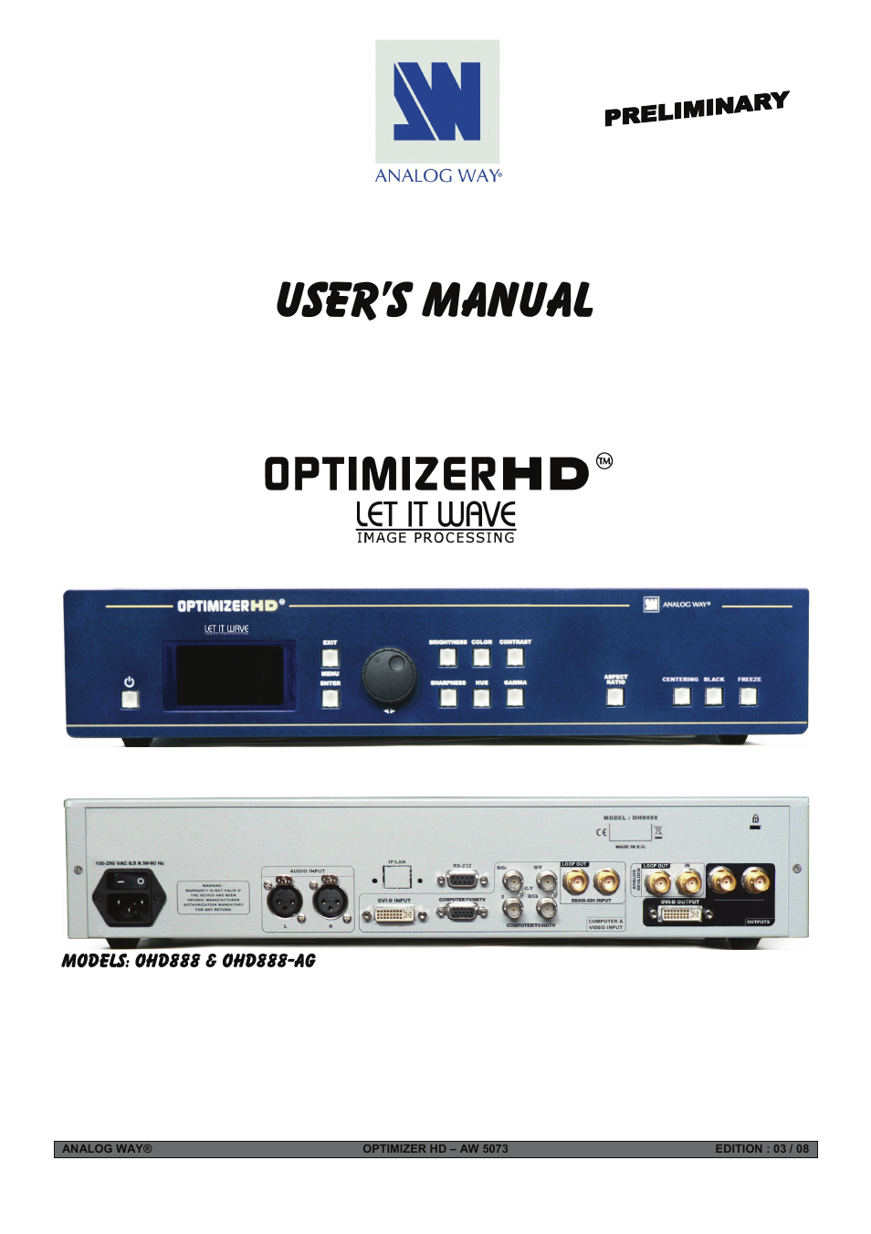 Analog Way Optimizer HD - OHD888-AG User Manual | 26 pages