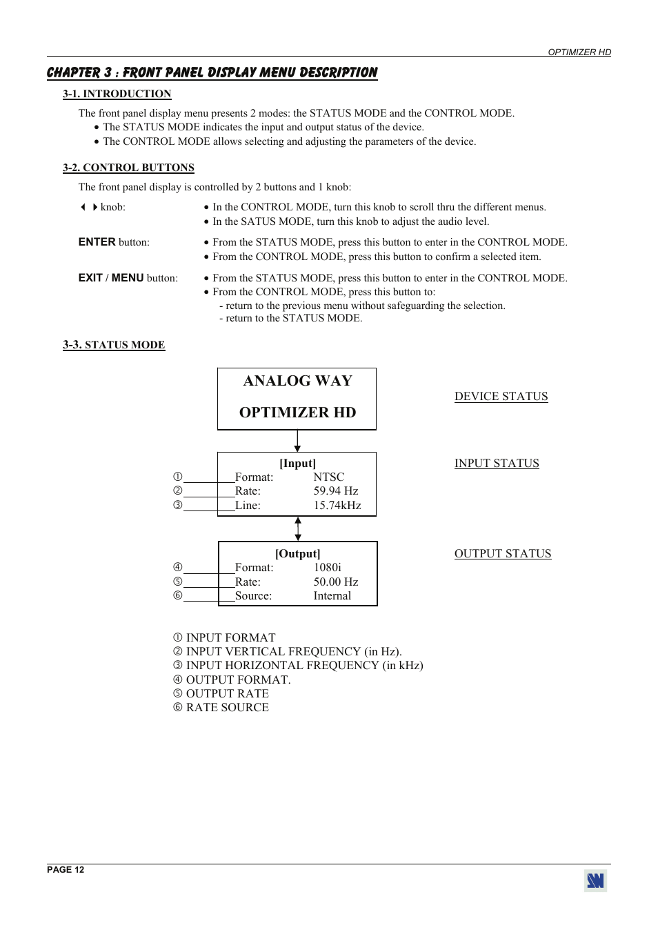 Chapter 3 : front panel display menu description, Analog way, Optimizer hd | Analog Way Optimizer HD - OHD888-AG User Manual | Page 12 / 26