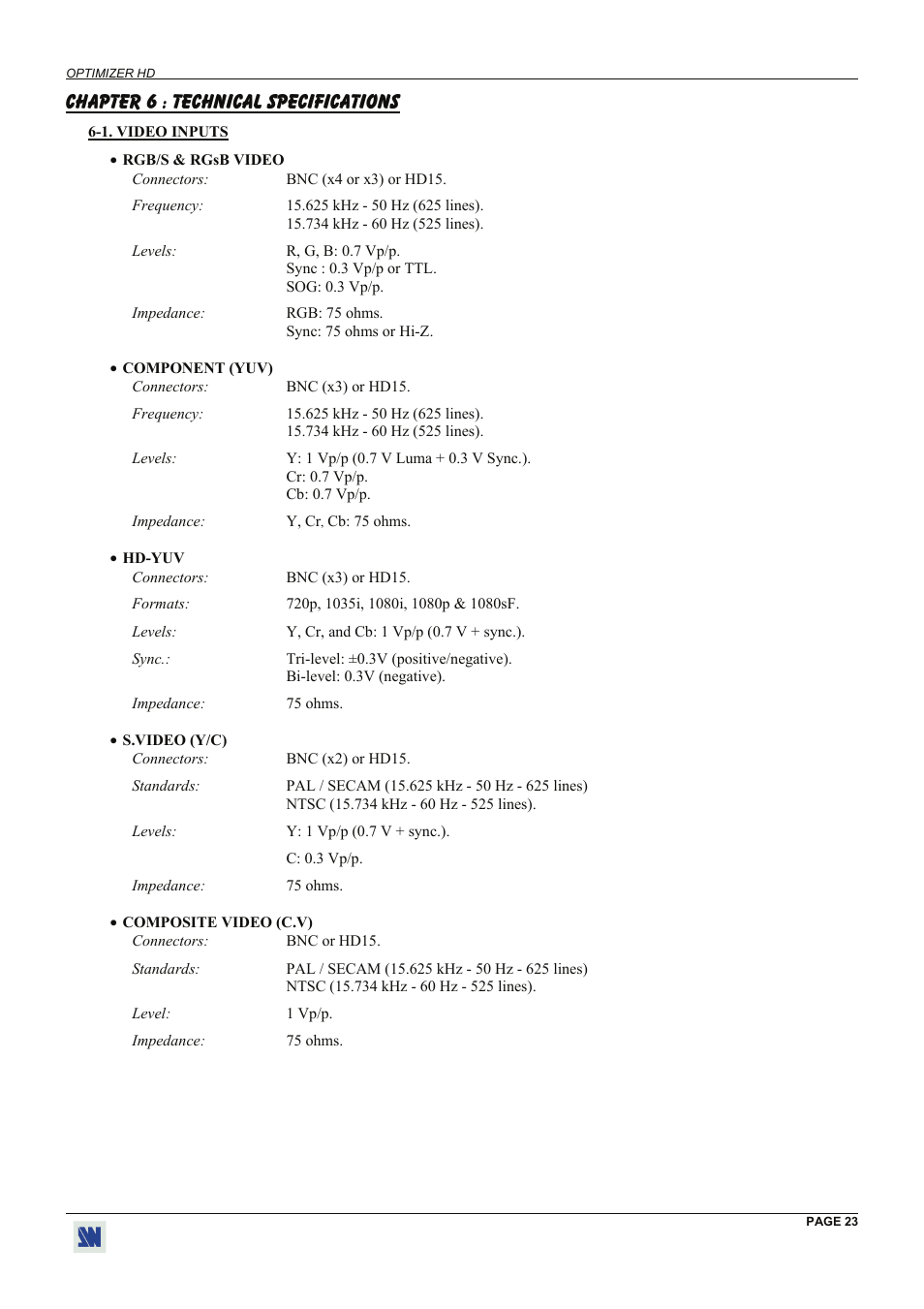 Chapter 6 : technical specifications | Analog Way Optimizer HD - OHD888-AG User Manual | Page 23 / 26