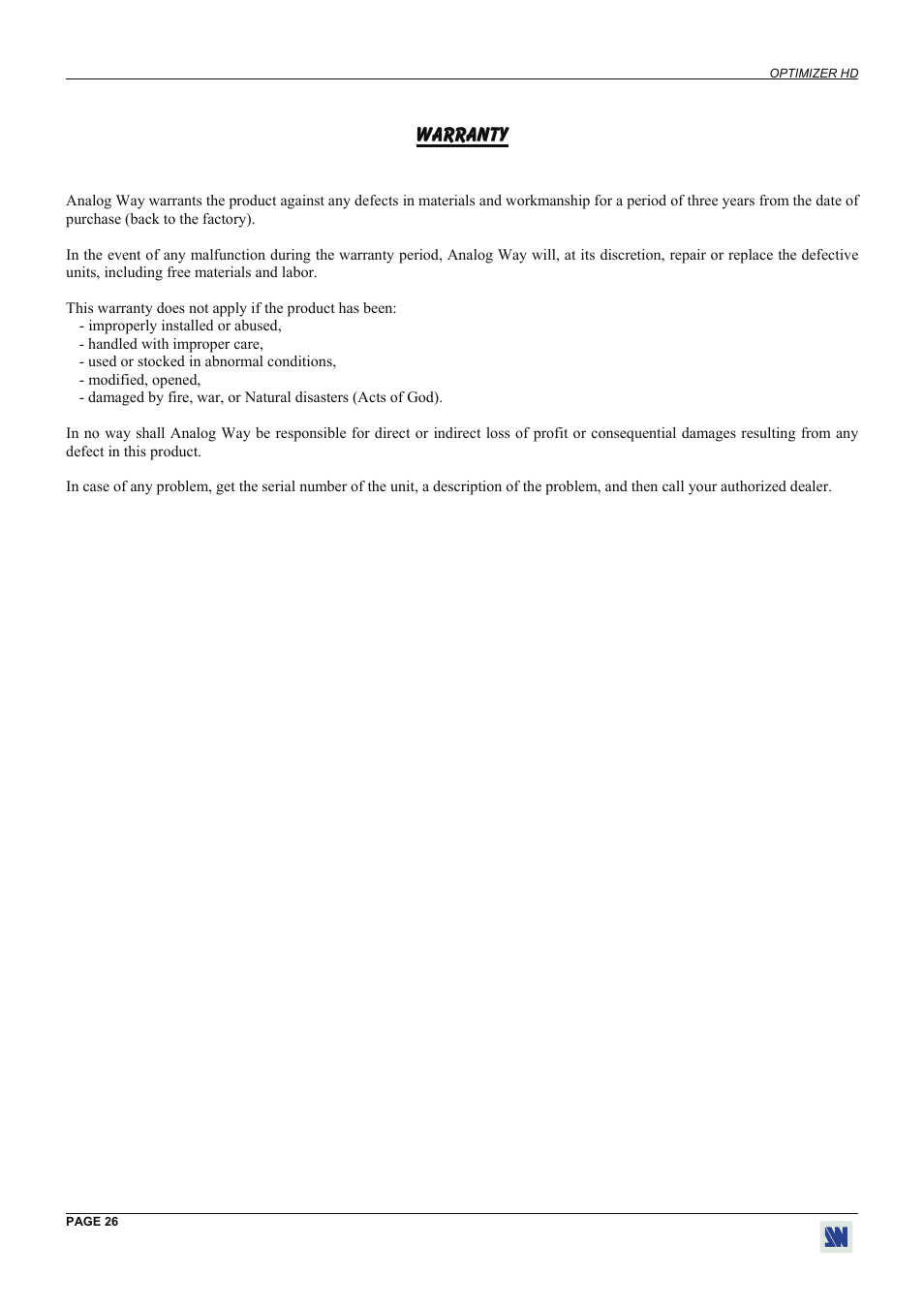 Warranty | Analog Way Optimizer HD - OHD888-AG User Manual | Page 26 / 26