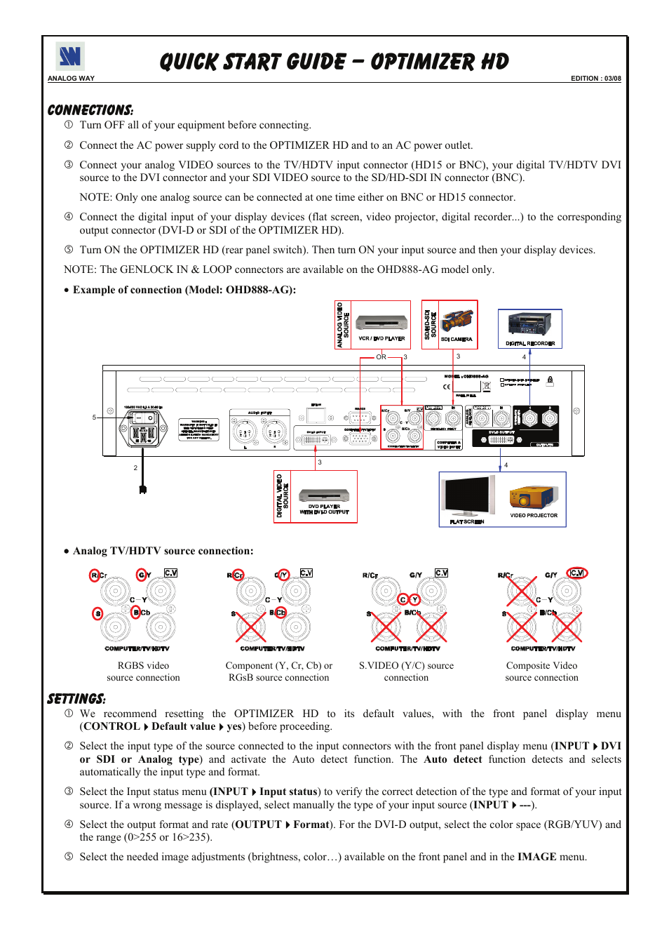 Quick start guide – optimizer hd, Connections, Settings | Analog Way Optimizer HD - OHD888-AG User Manual | Page 6 / 26