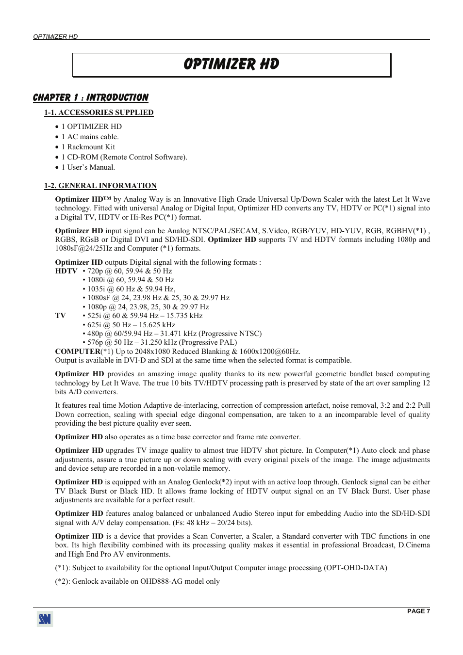 Optimizer hd, Chapter 1 : introduction | Analog Way Optimizer HD - OHD888-AG User Manual | Page 7 / 26