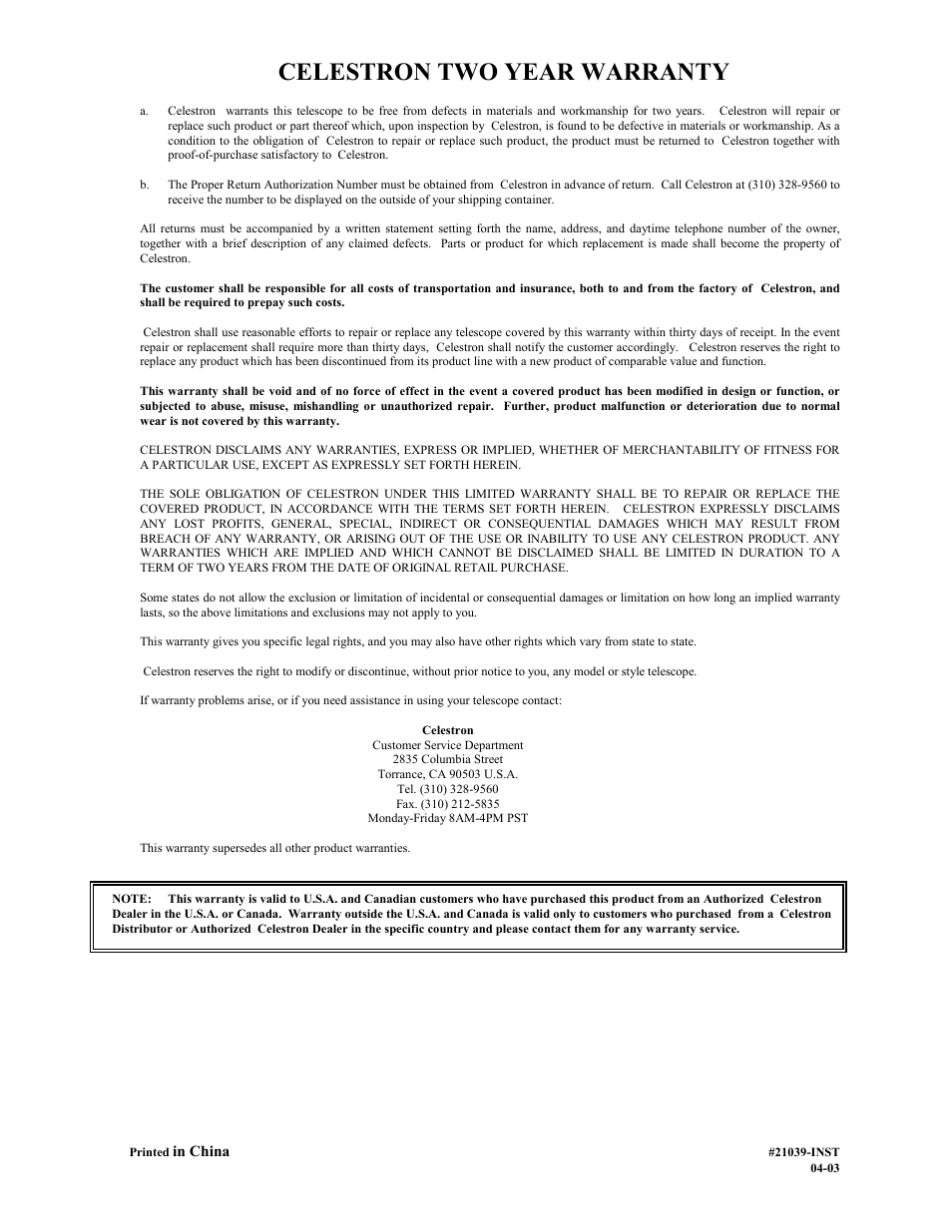 Celestron two year warranty | Celestron Power Seeker 50 User Manual | Page 8 / 8