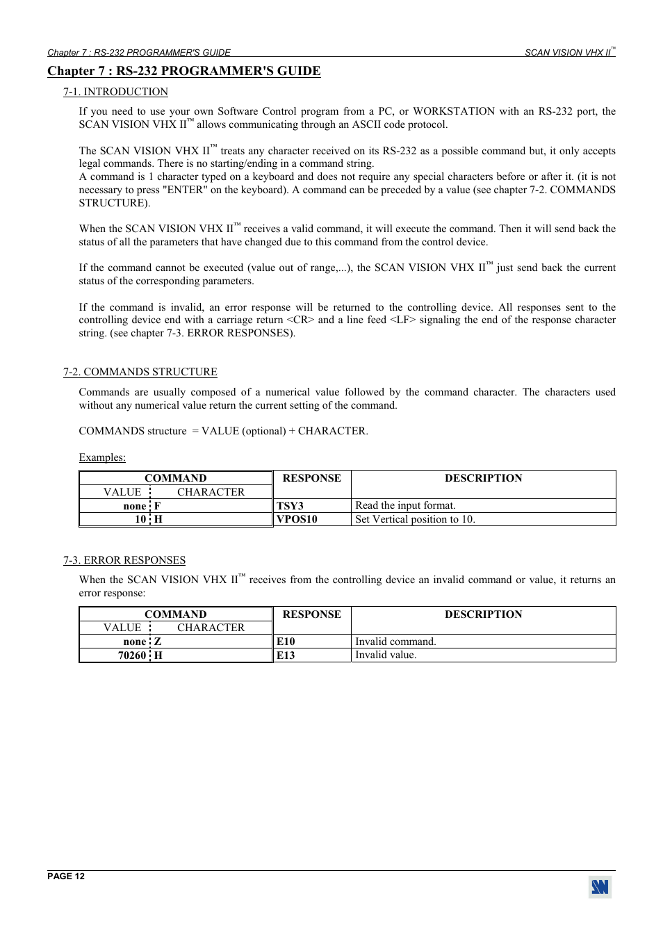 Chapter 7 : rs-232 programmer's guide | Analog Way Scan Vision VHX II - VHX480 User Manual | Page 12 / 15