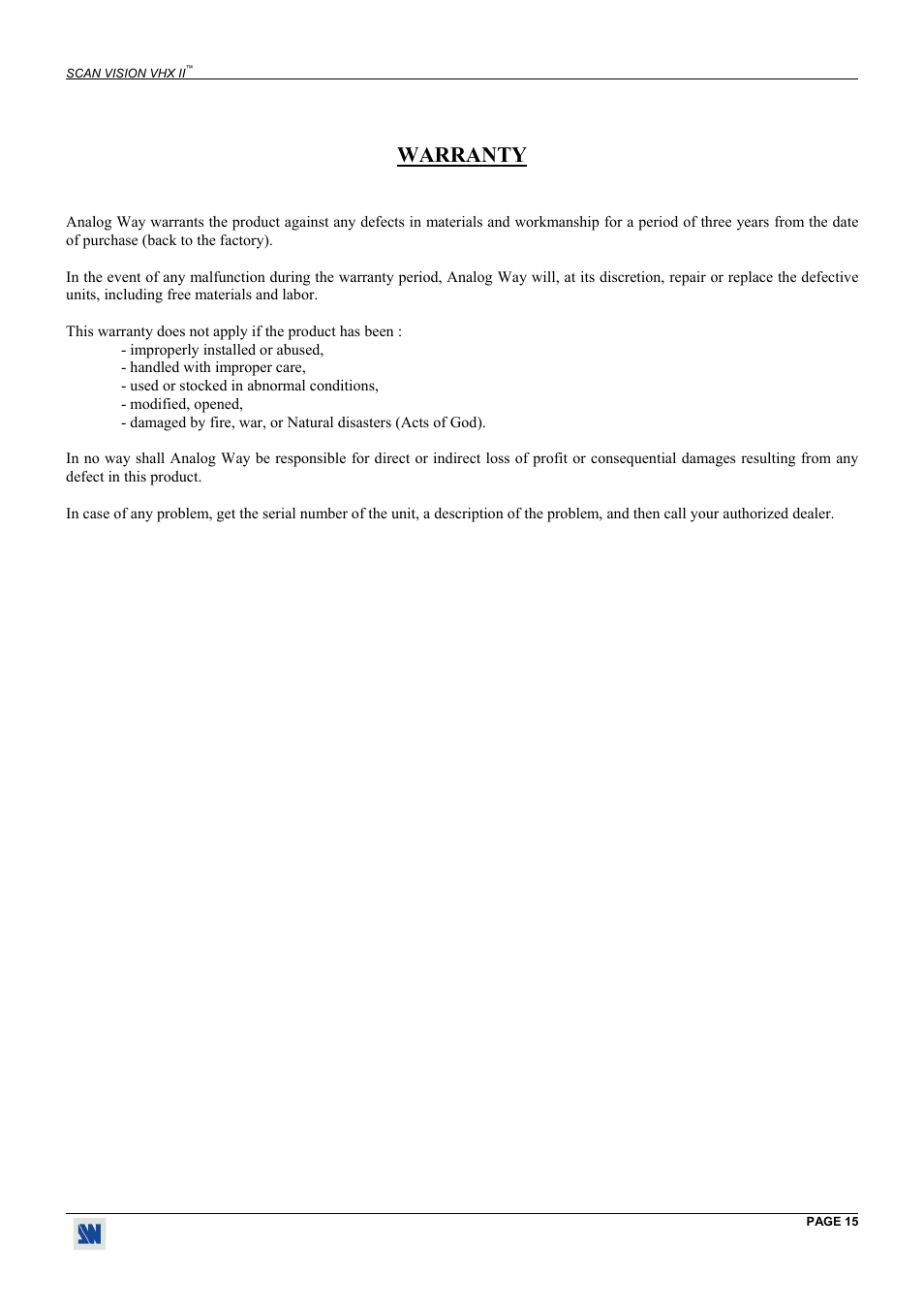 Warranty | Analog Way Scan Vision VHX II - VHX480 User Manual | Page 15 / 15