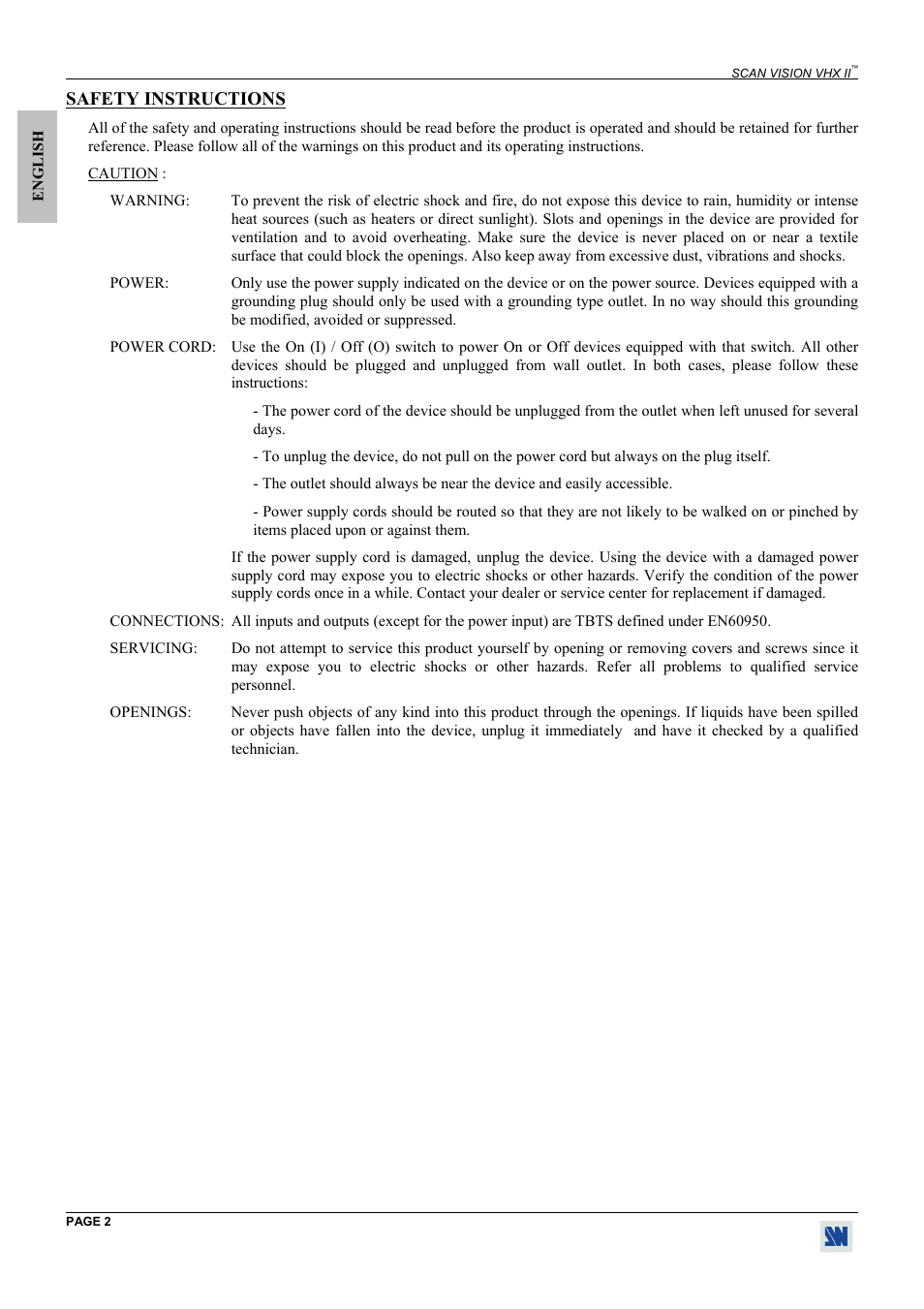 Safety instructions | Analog Way Scan Vision VHX II - VHX480 User Manual | Page 2 / 15