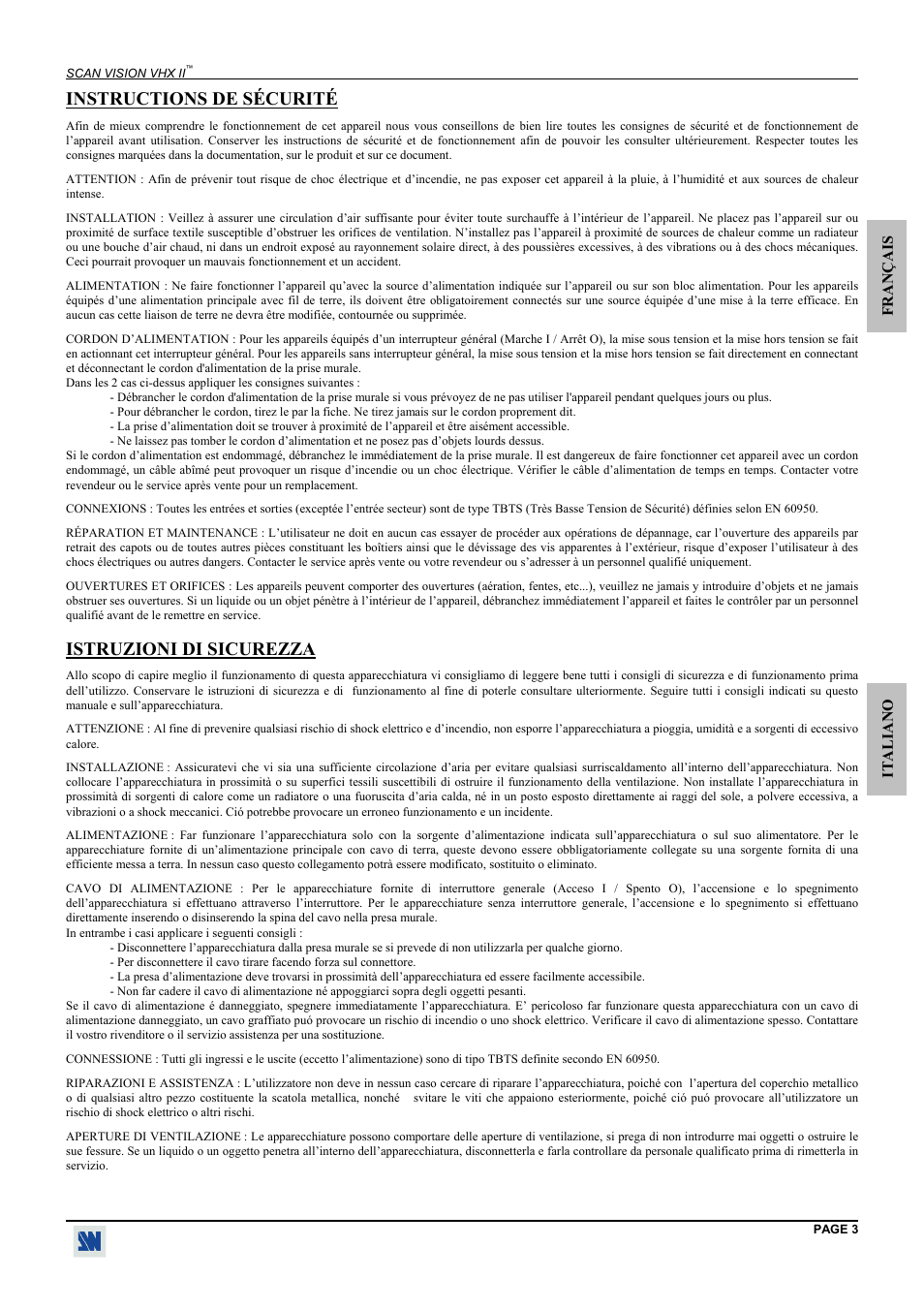Instructions de sécurité, Istruzioni di sicurezza | Analog Way Scan Vision VHX II - VHX480 User Manual | Page 3 / 15