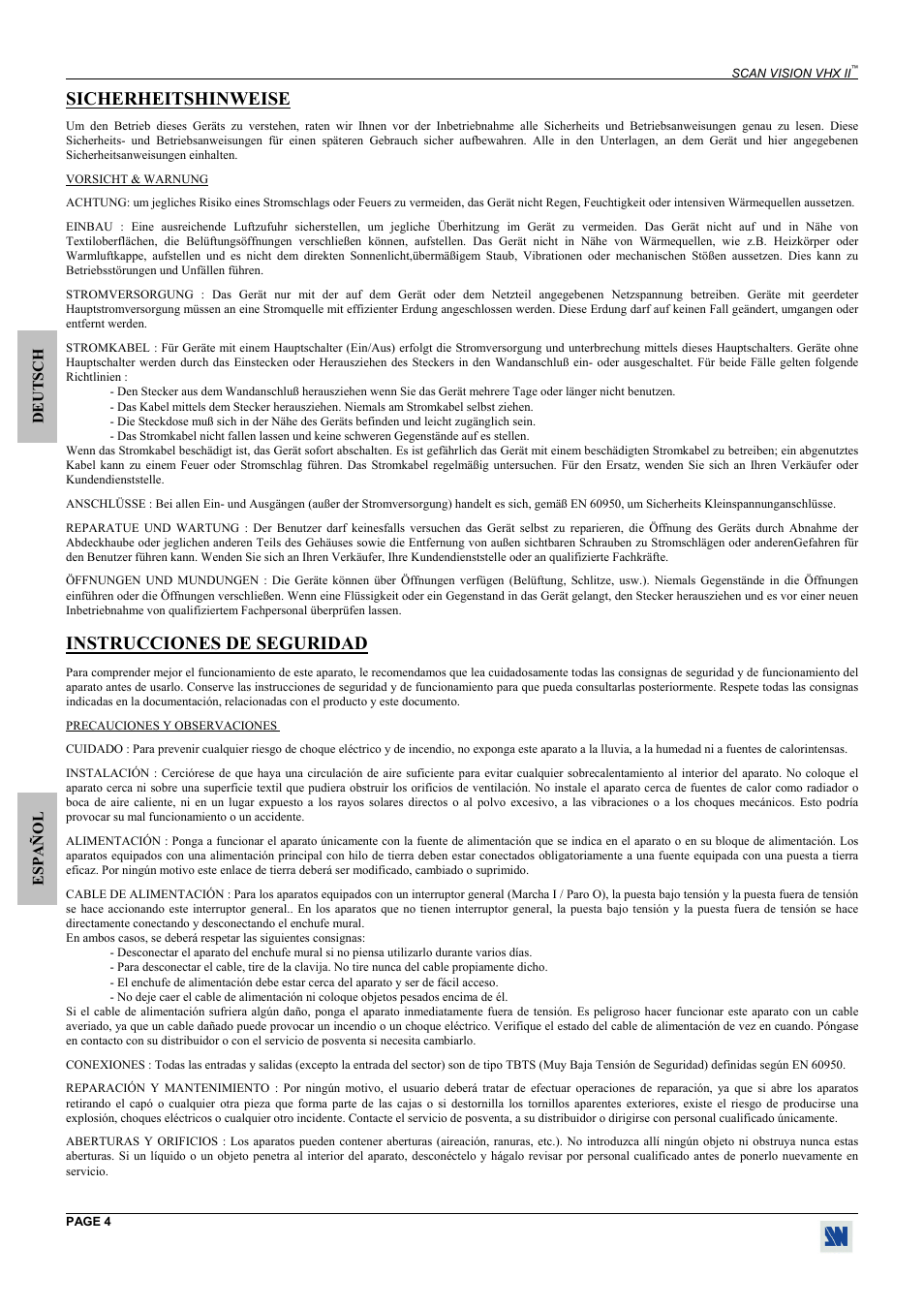 Sicherheitshinweise, Instrucciones de seguridad | Analog Way Scan Vision VHX II - VHX480 User Manual | Page 4 / 15