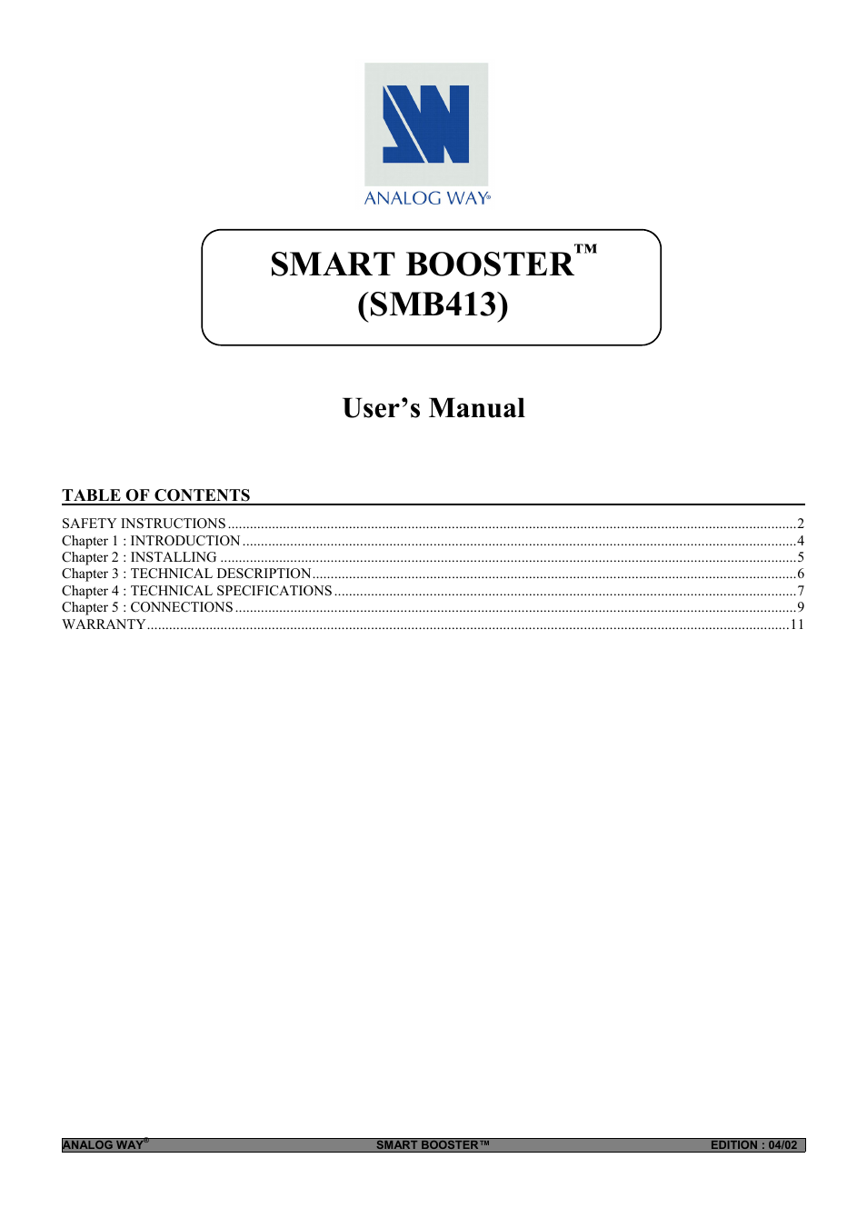 Analog Way Smart Booster - SMB413 User Manual | 11 pages