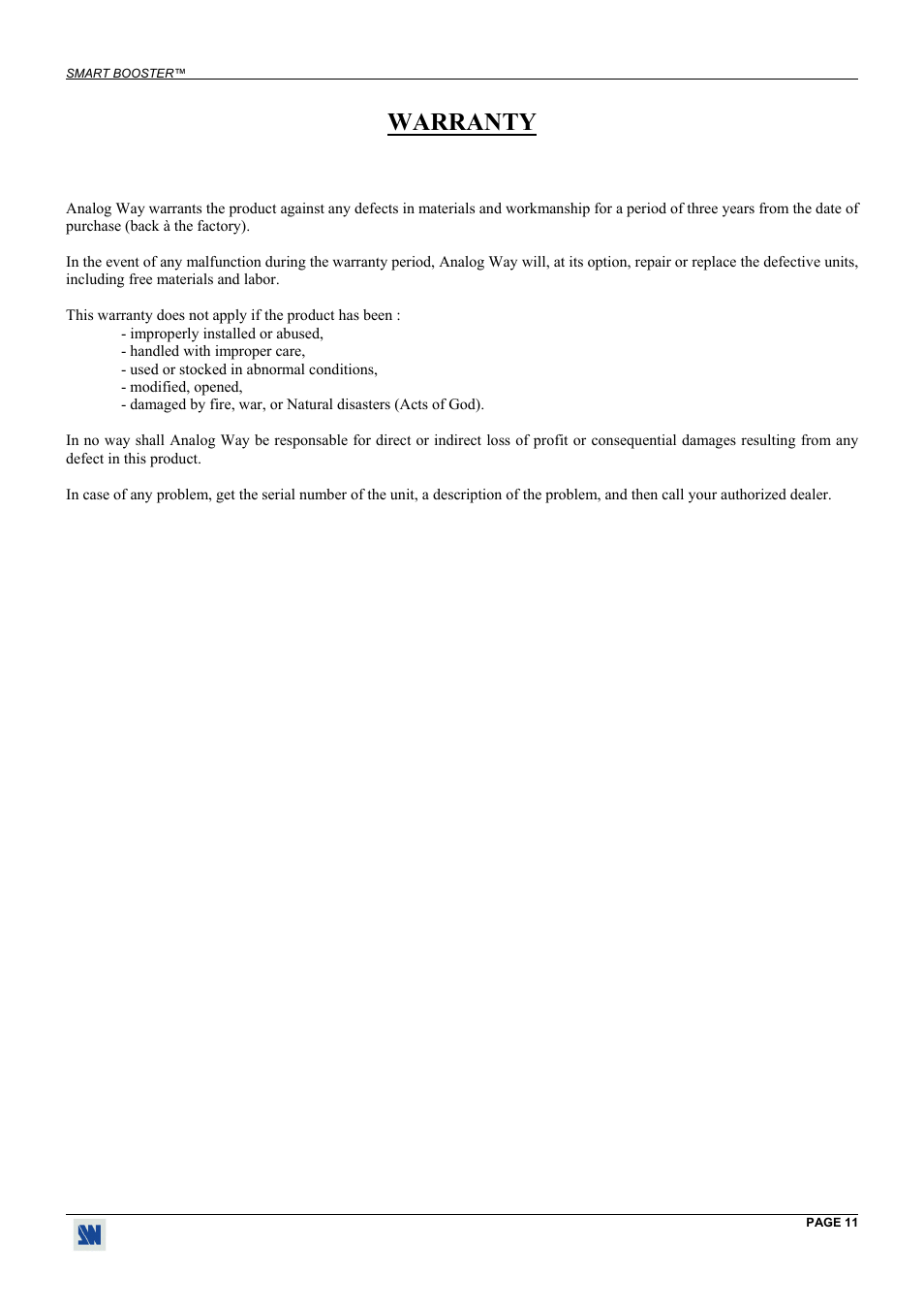 Warranty | Analog Way Smart Booster - SMB413 User Manual | Page 11 / 11