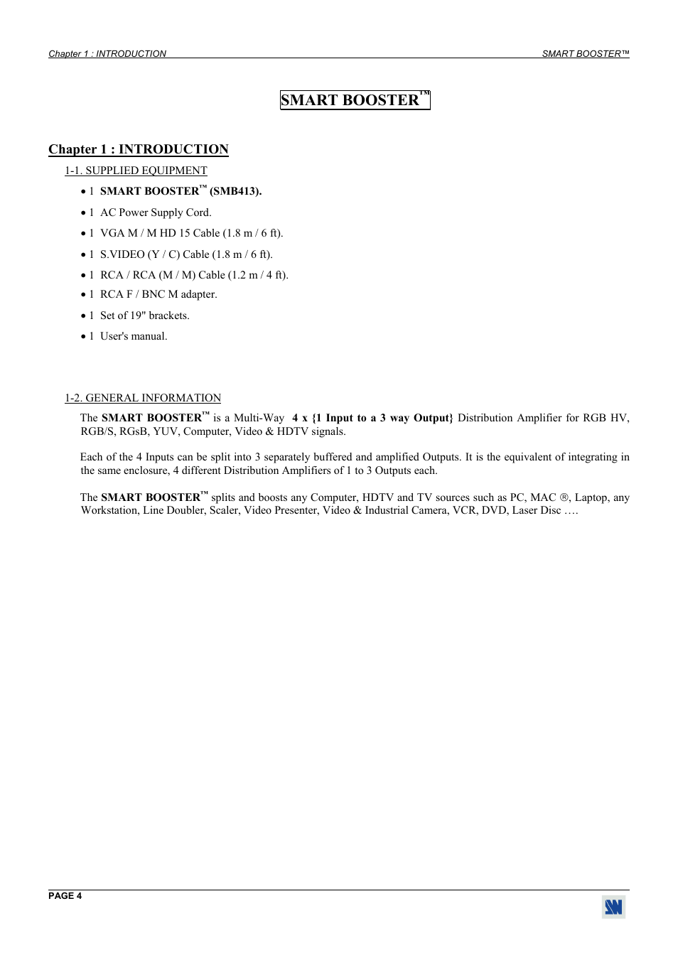 Introduction, Supplied equipment, General information | Smart booster, Chapter 1 : introduction | Analog Way Smart Booster - SMB413 User Manual | Page 4 / 11