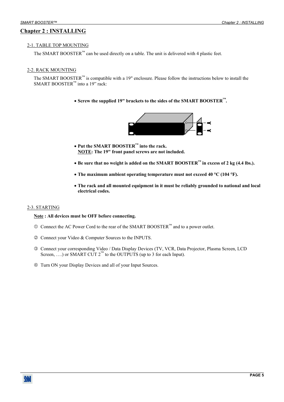 Installing, Table top mounting, Rack mounting | Starting, Chapter 2 : installing | Analog Way Smart Booster - SMB413 User Manual | Page 5 / 11