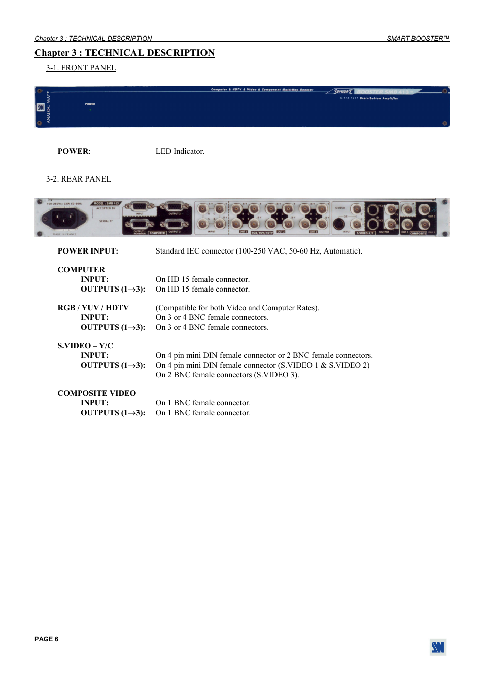 Technical description, Front panel, Rear panel | Analog Way Smart Booster - SMB413 User Manual | Page 6 / 11