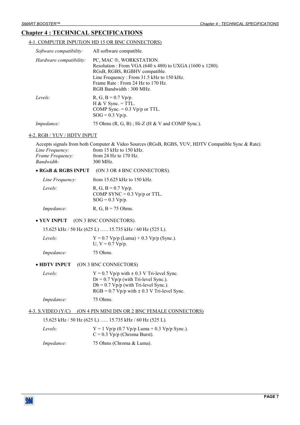 Technical specifications, Computer input(on hd 15 or bnc connectors), Rgb / yuv / hdtv input | Analog Way Smart Booster - SMB413 User Manual | Page 7 / 11