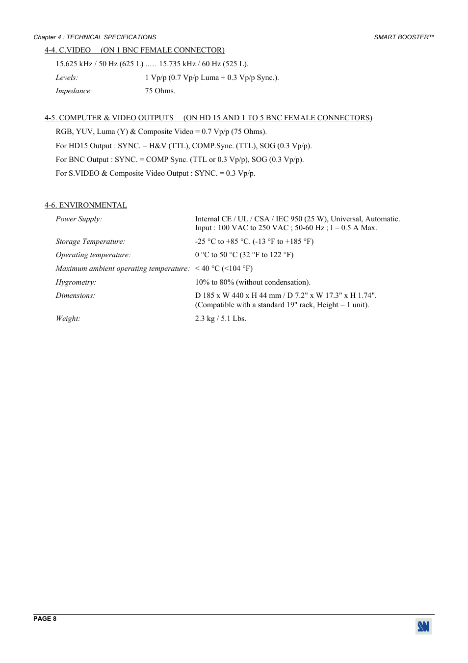 C.video (on 1 bnc female connector), Environmental | Analog Way Smart Booster - SMB413 User Manual | Page 8 / 11