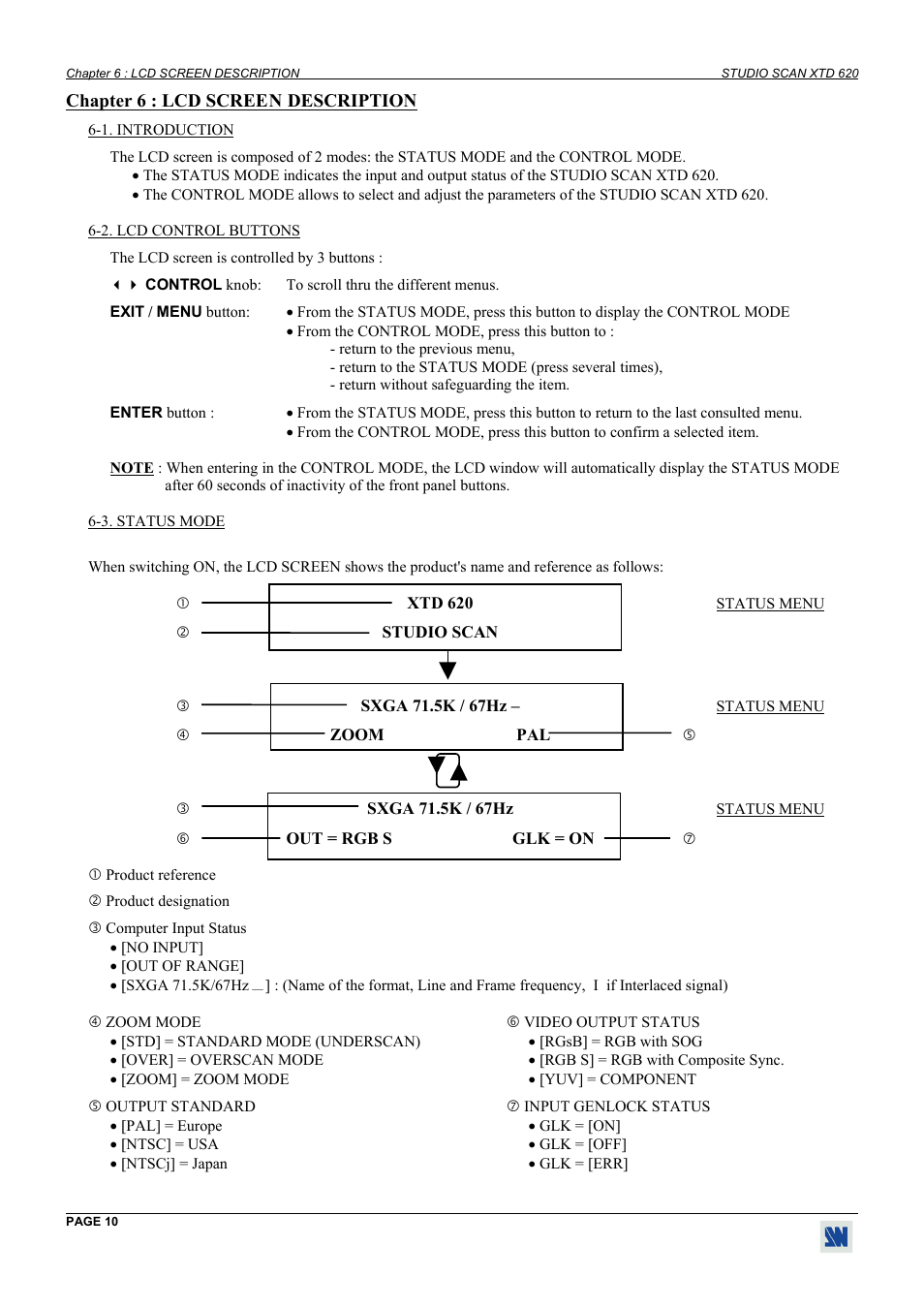 Lcd screen description, Introduction, Lcd control buttons | Status mode | Analog Way Studio Scan XTD620 User Manual | Page 10 / 24