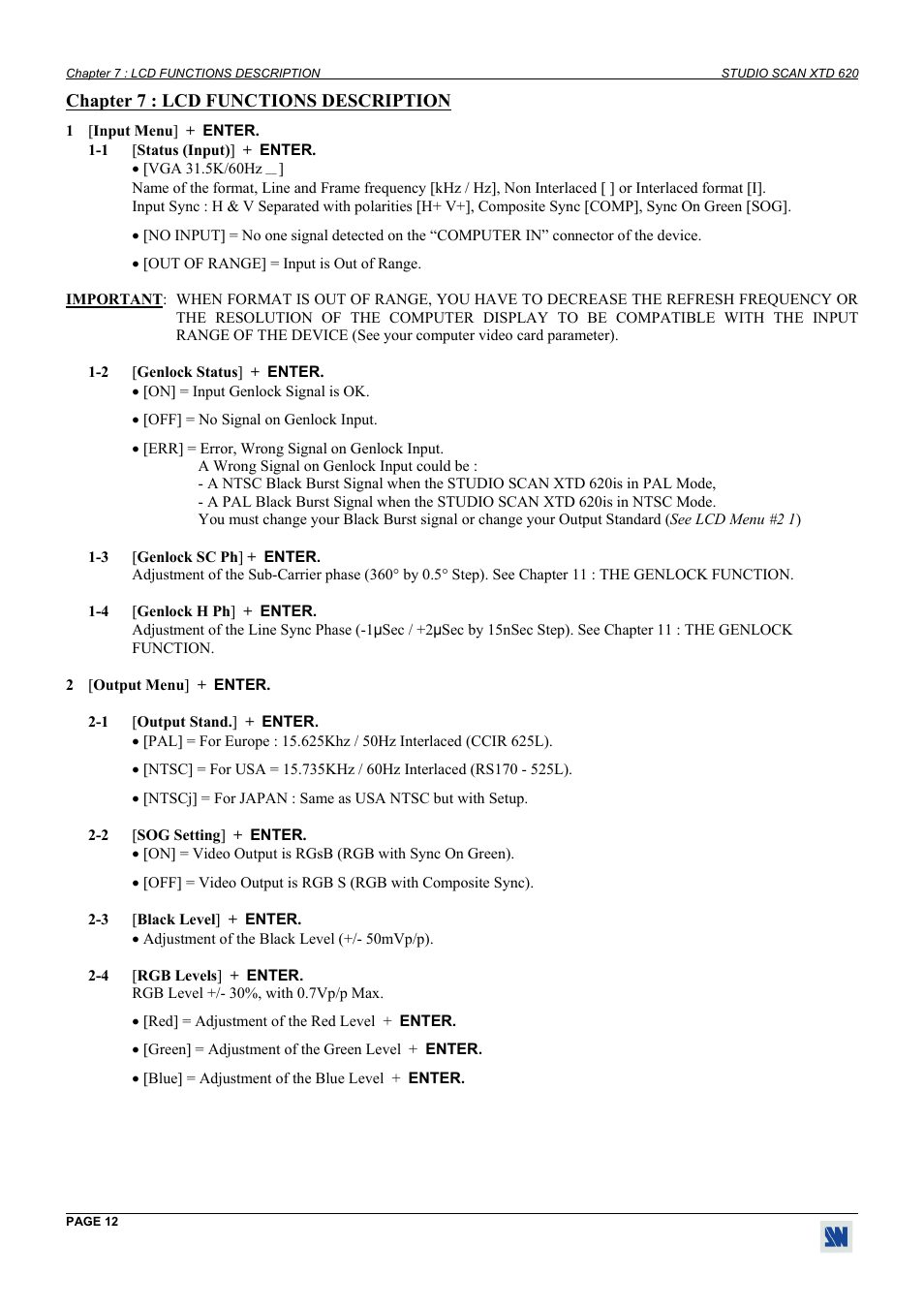 Lcd functions description | Analog Way Studio Scan XTD620 User Manual | Page 12 / 24