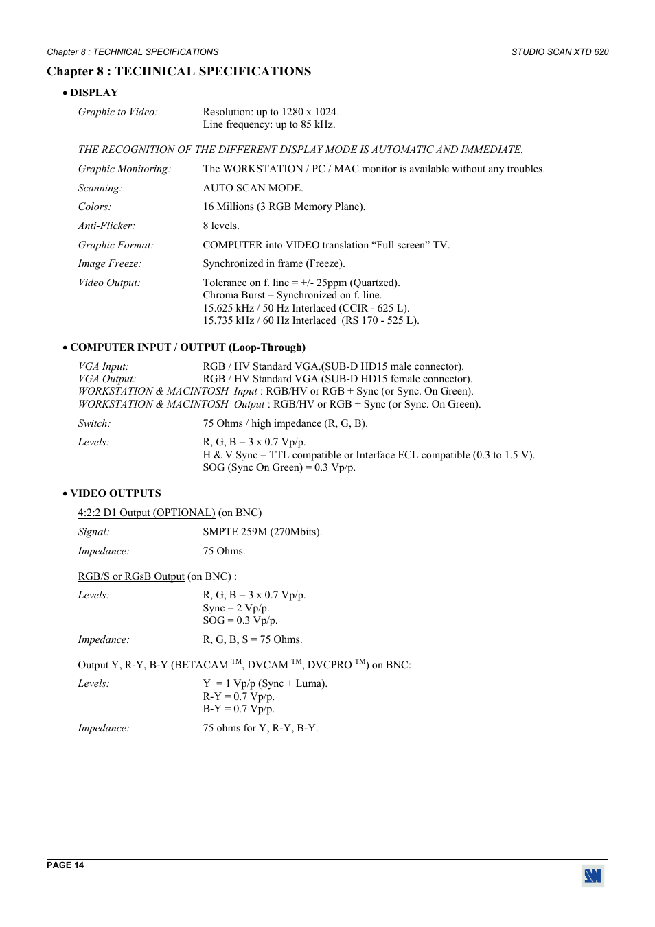 Technical specifications | Analog Way Studio Scan XTD620 User Manual | Page 14 / 24