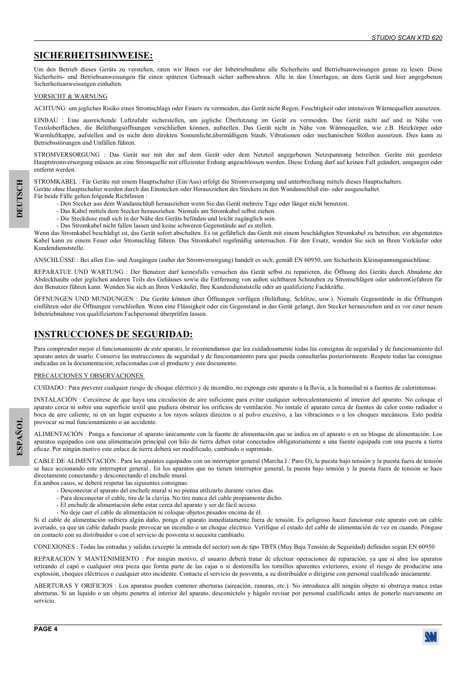 Sicherheitshinweise, Instrucciones de seguridad | Analog Way Studio Scan XTD620 User Manual | Page 4 / 24