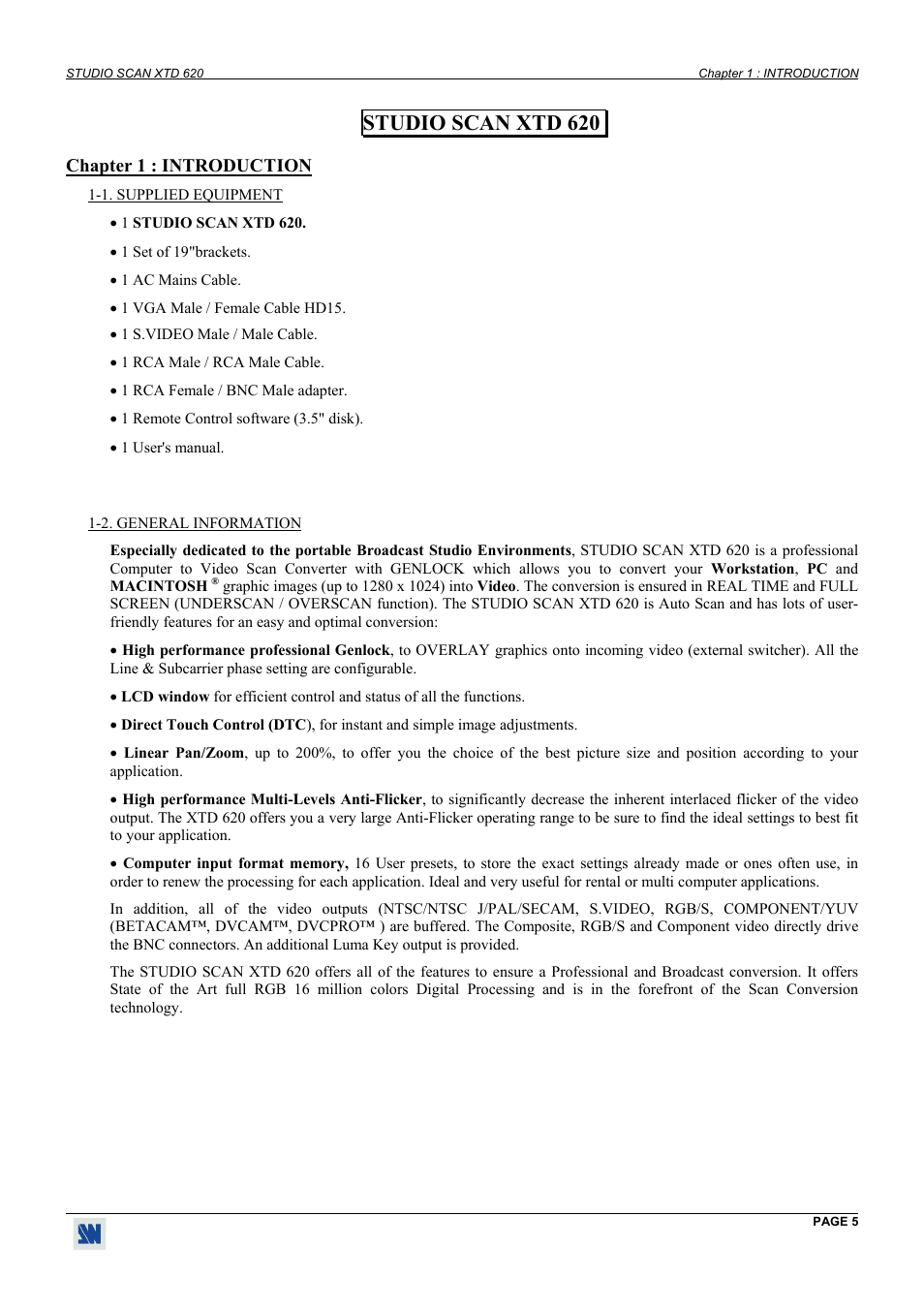 Introduction, Supplied equipment, General information | Studio scan xtd 620, Chapter 1 : introduction | Analog Way Studio Scan XTD620 User Manual | Page 5 / 24