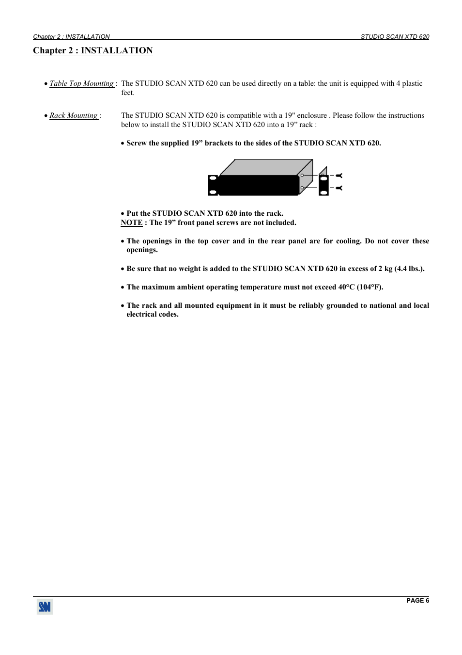 Installation, Chapter 2 : installation | Analog Way Studio Scan XTD620 User Manual | Page 6 / 24