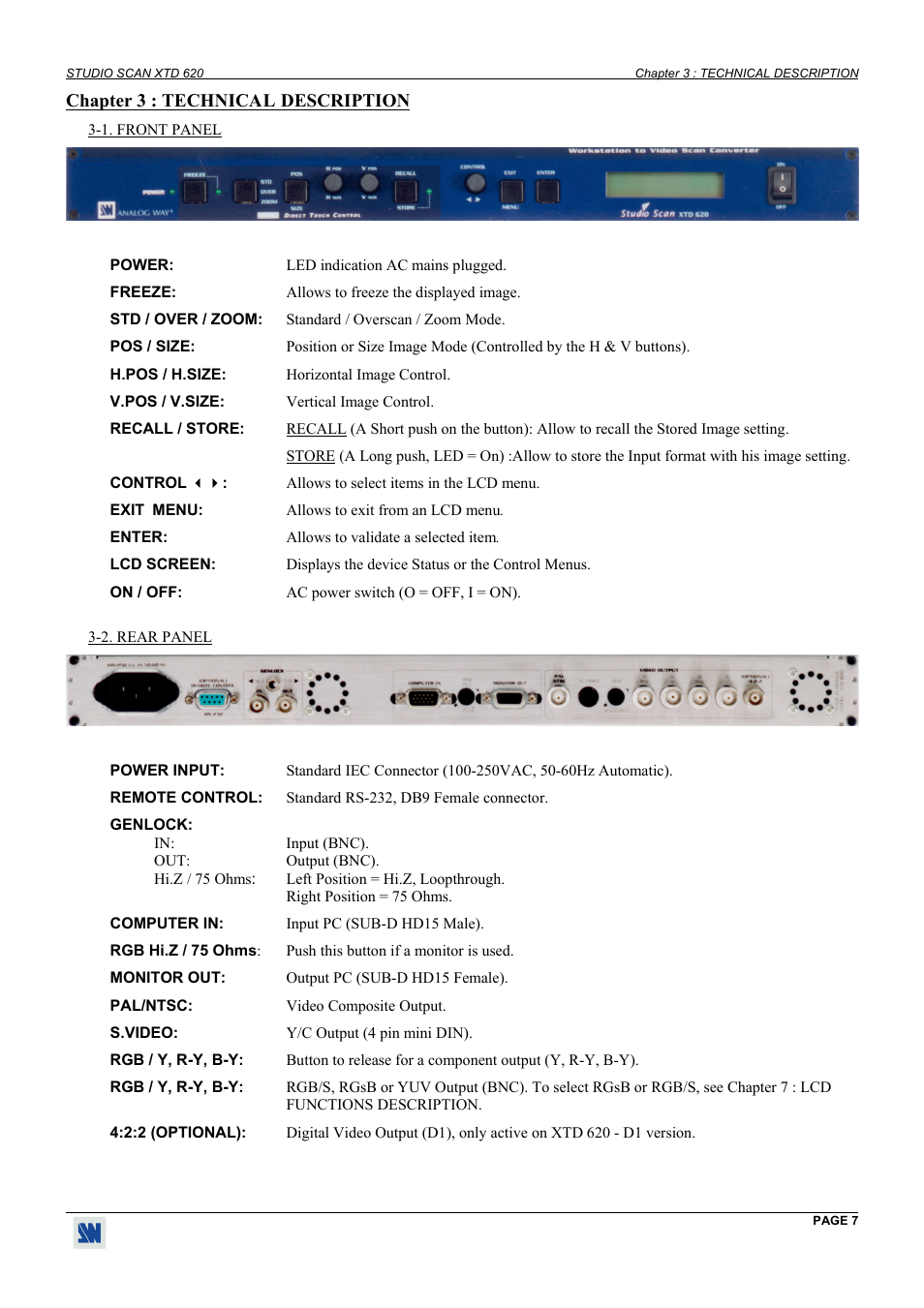 Technical description, Front panel, Rear panel | Analog Way Studio Scan XTD620 User Manual | Page 7 / 24