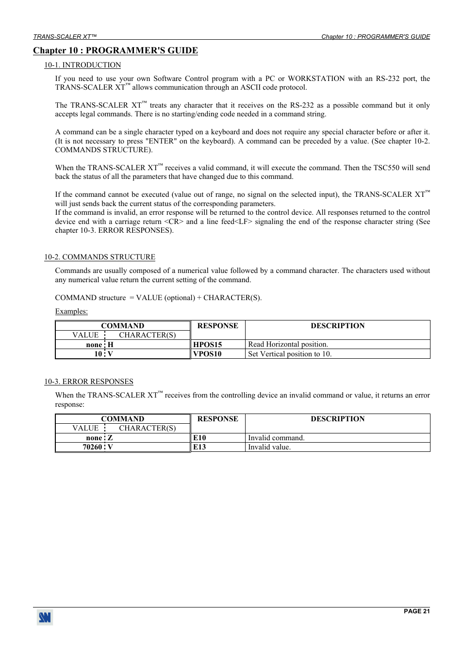 Programmer's guide, Introduction, Commands structure | Error responses, Chapter 10 : programmer's guide | Analog Way Trans-Scaler XT - TSC550 User Manual | Page 21 / 26