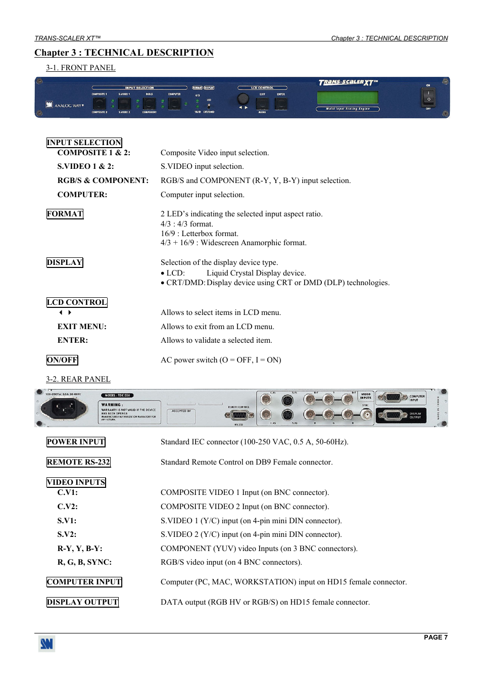 Technical description, Front panel, Rear panel | Analog Way Trans-Scaler XT - TSC550 User Manual | Page 7 / 26