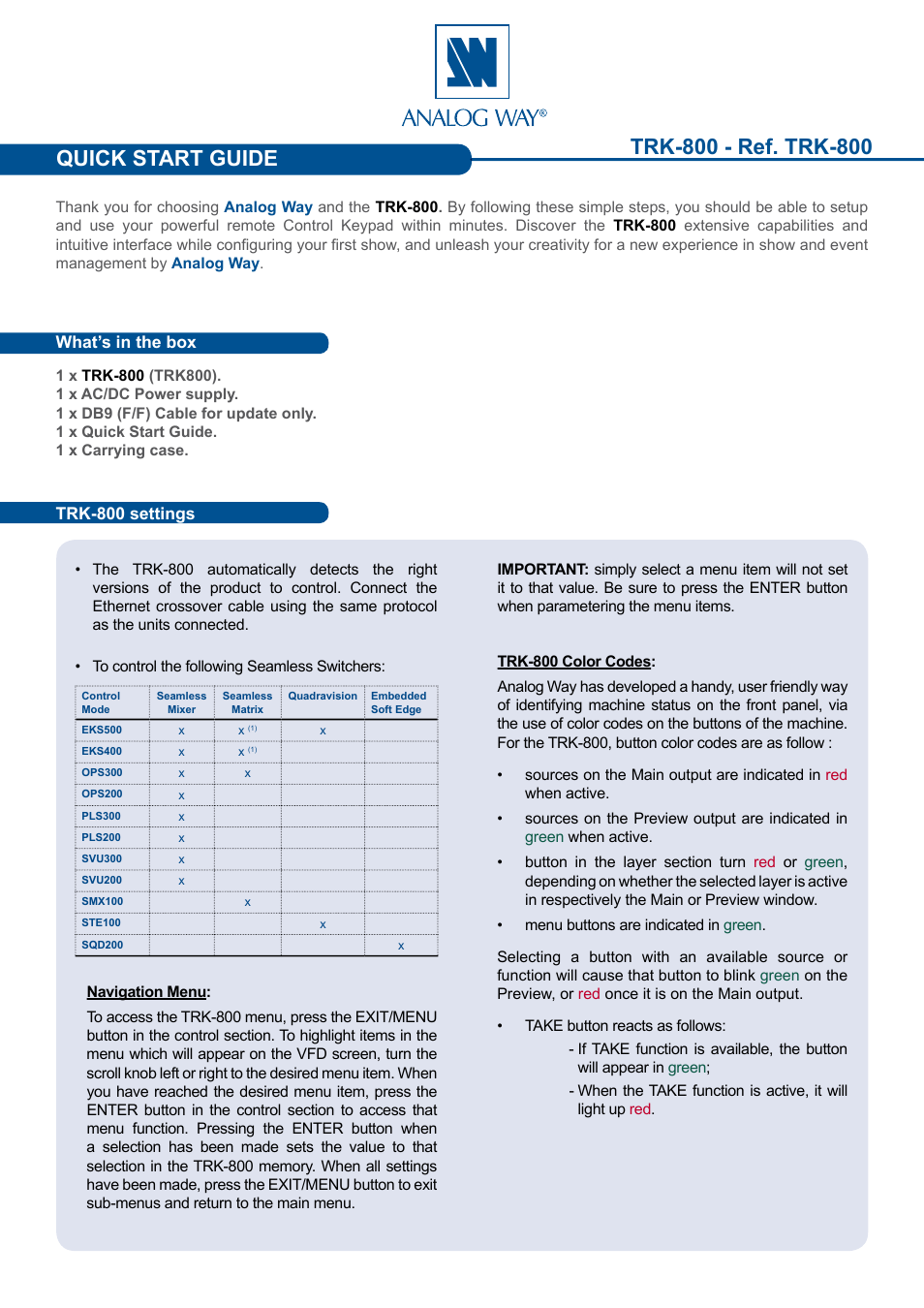 Analog Way TRK-800 User Manual | 4 pages