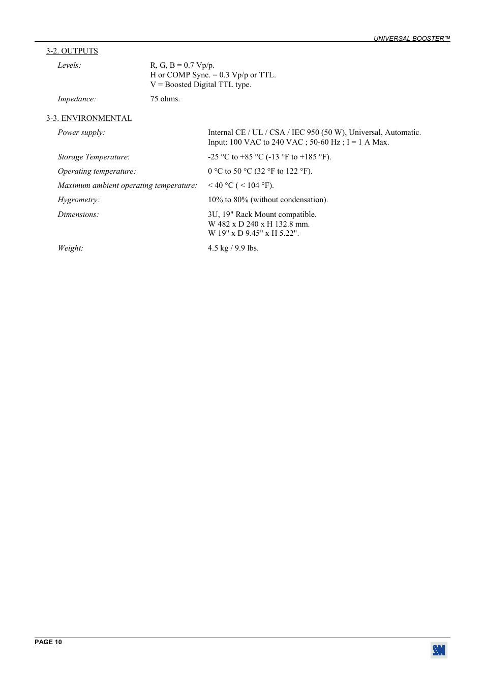 Outputs, Environmental | Analog Way Universal Booster - UB813 User Manual | Page 10 / 11