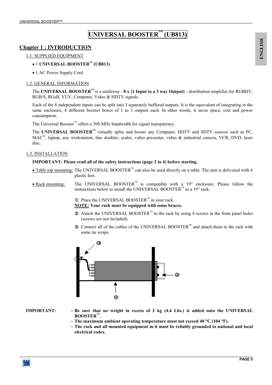 Introduction, Supplied equipment, General information | Installation, Chapter 1 : introduction, Universal booster, Ub813) | Analog Way Universal Booster - UB813 User Manual | Page 5 / 11