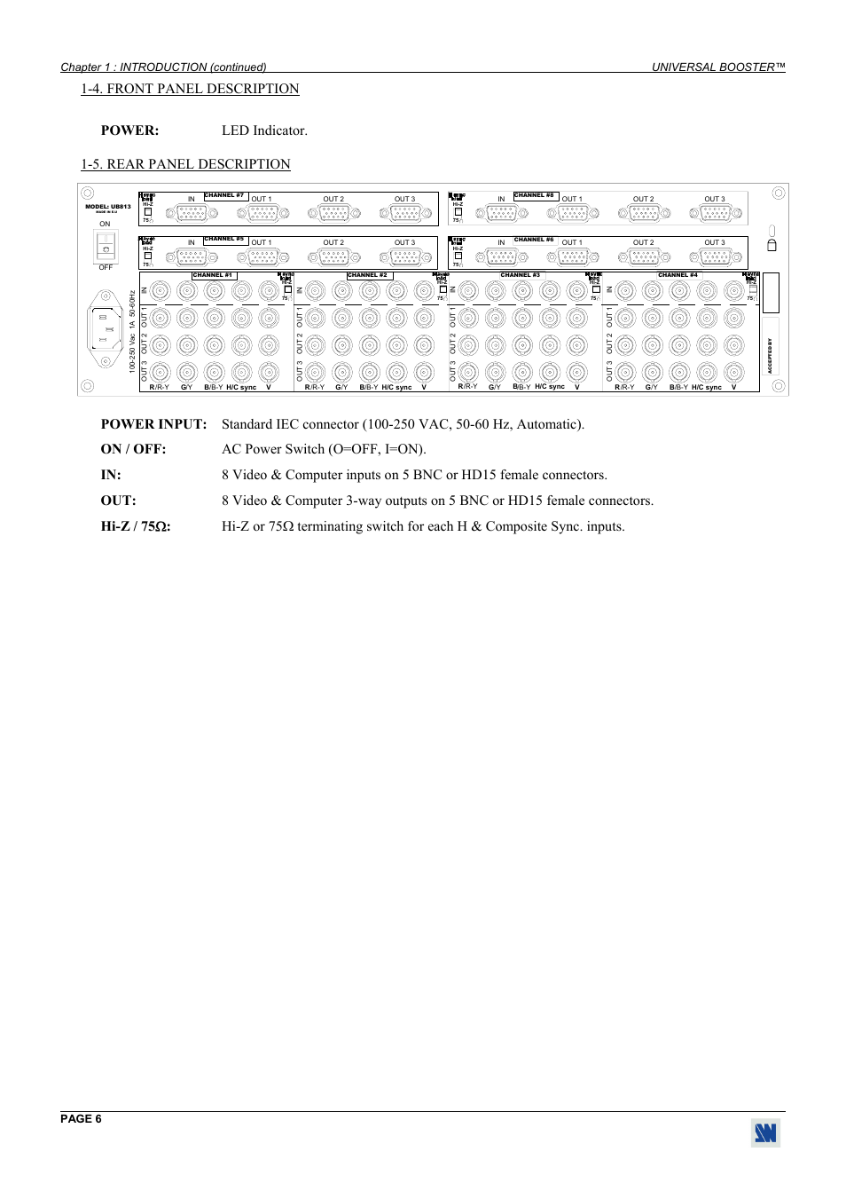 Front panel description, Rear panel description | Analog Way Universal Booster - UB813 User Manual | Page 6 / 11