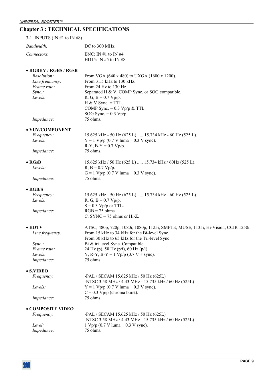 Technical specifications, Inputs (in #1 to in #8), Chapter 3 : technical specifications | Analog Way Universal Booster - UB813 User Manual | Page 9 / 11